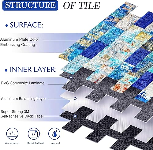 Miniatura 8 de HomeyMosaic 10 hojas de azulejos de metal para salpicaduras para cocina, baño, chimenea, lavandería, metro, azulejos en relieve azul hawaiano