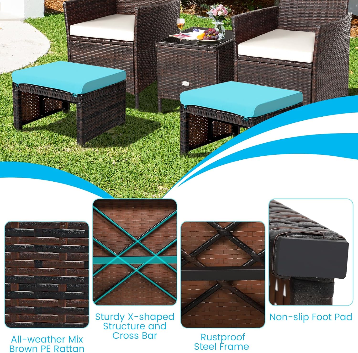 RELAX4LIFE 2-Piece Wicker Outdoor Ottoman, Rattan Footrest Set of 2 with Removable Cushions, 3-in-1 Foot Stool, Side Table & Additional Seating, Outdoor Footstools for Patio Backyard (Turquoise)