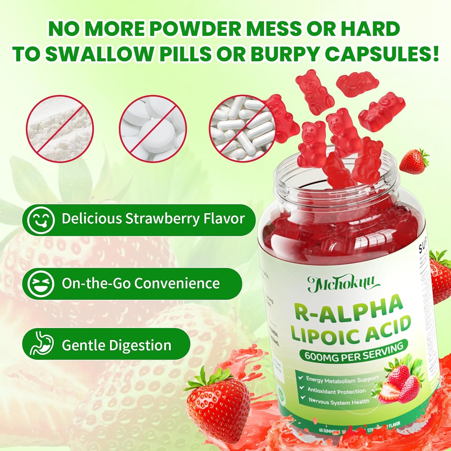 R Alpha Lipoic Acid 600mg Gummies, Stabilized R-Alpha Lipoic Acid, ALA Supplement for Nerve Health, Antioxidant & Metabolism Support- Vegan, Non-GMO, Gluten Free, Strawberry Flavor - 120 Count