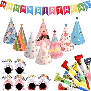 22Pcs Multicolor Birthday Party Set: 9Pcs Fun Cone Hats, 9Pcs Whistles, 3Pcs Birthday Glasses, 1 HAPPY BIRTHDAY Banner