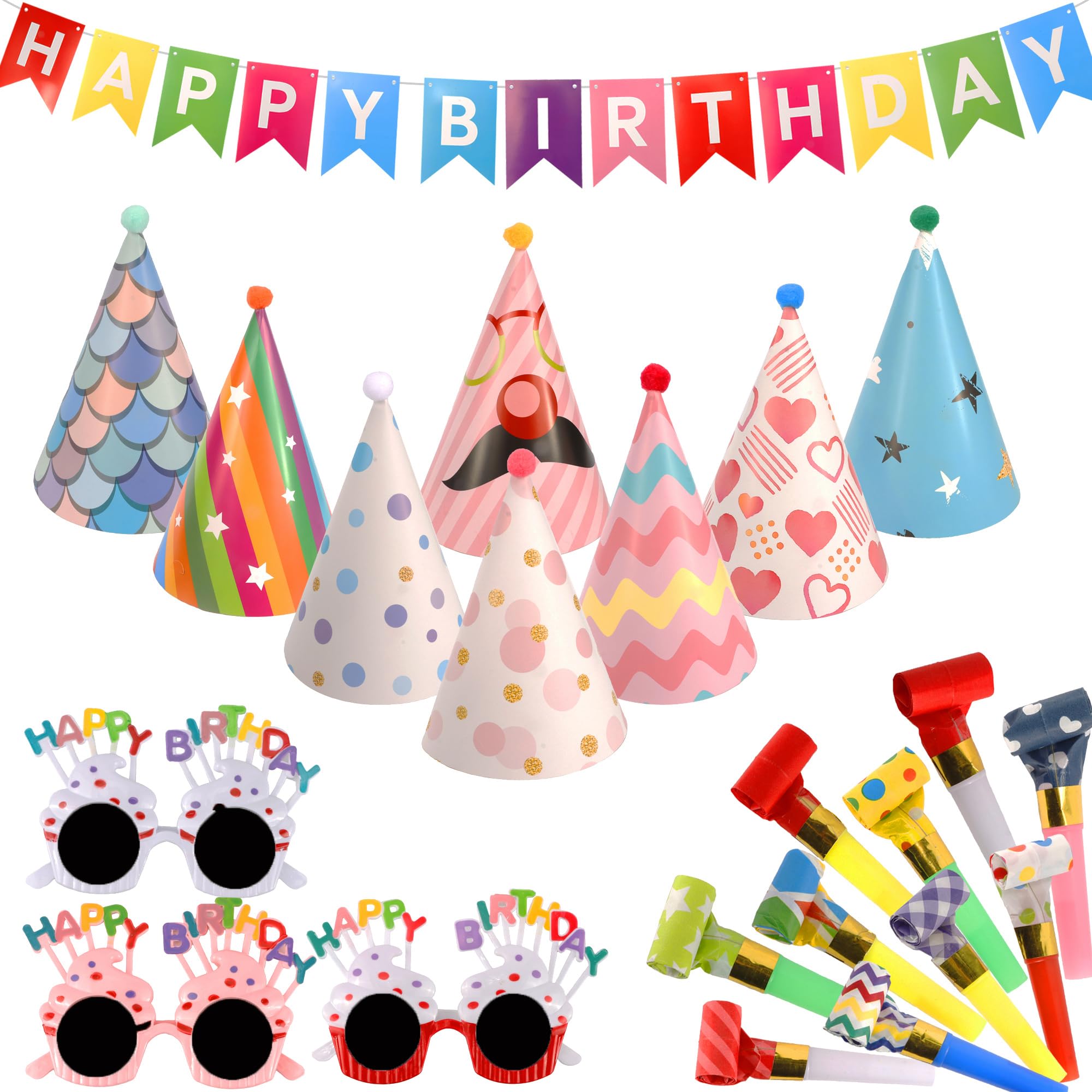 Exacoo 22Pcs Multicolor Birthday Party Set: 9Pcs Fun Cone Hats, 9Pcs Whistles, 3Pcs Birthday Glasses, 1 HAPPY BIRTHDAY Banner