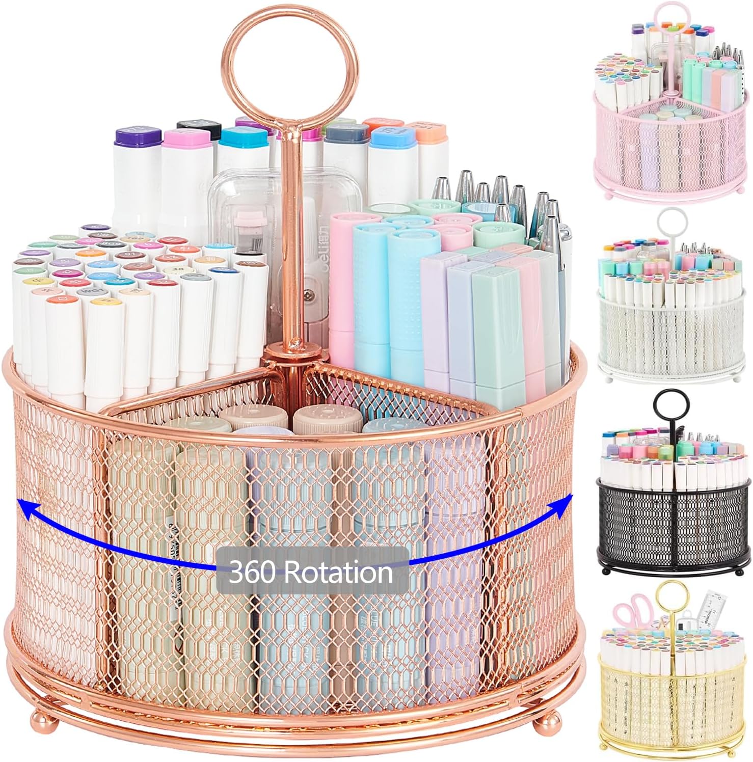 Spacrea Pen Holder for Desk - 360 Degree Rotating Pen Organizer, Desk Organizer with 4 Compartments, Pencil Holder for Desk, For School, Classroom, Office, Art Supplies(Rose Gold)