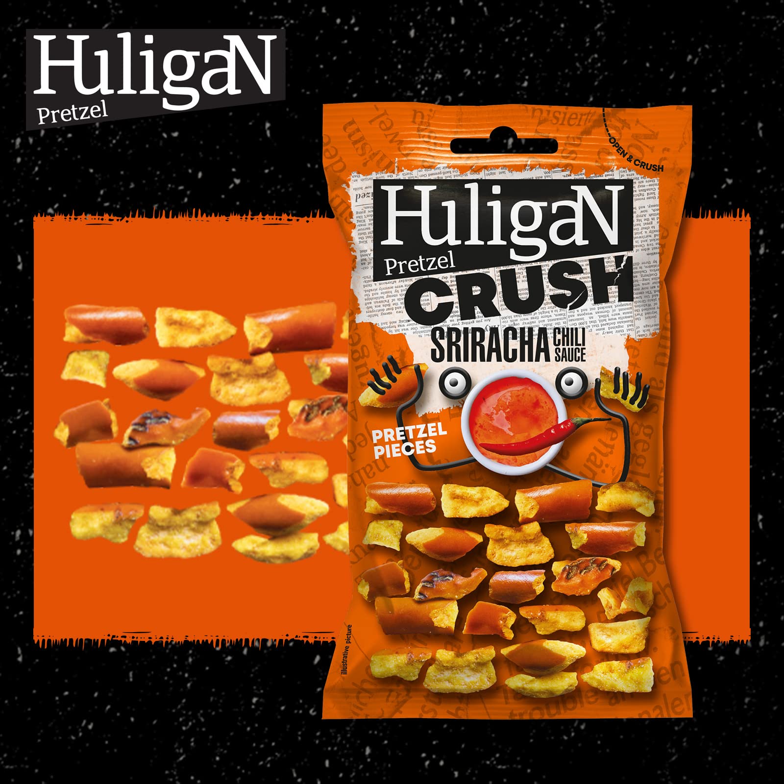 Huligan Pretzel Pieces Sriracha Salsa de Chile 65g Pack de 6