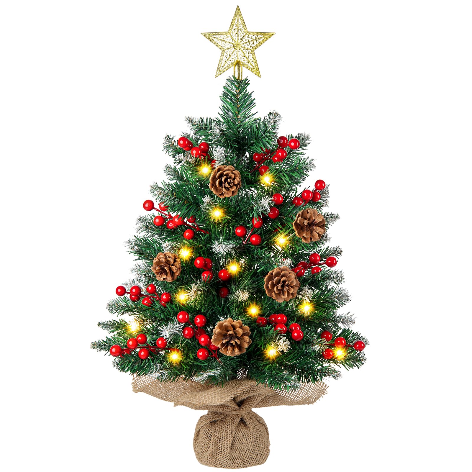N&T NIETING Mini Christmas Tree with Lights, 61CM Table Top Tree with Star Tree Topper