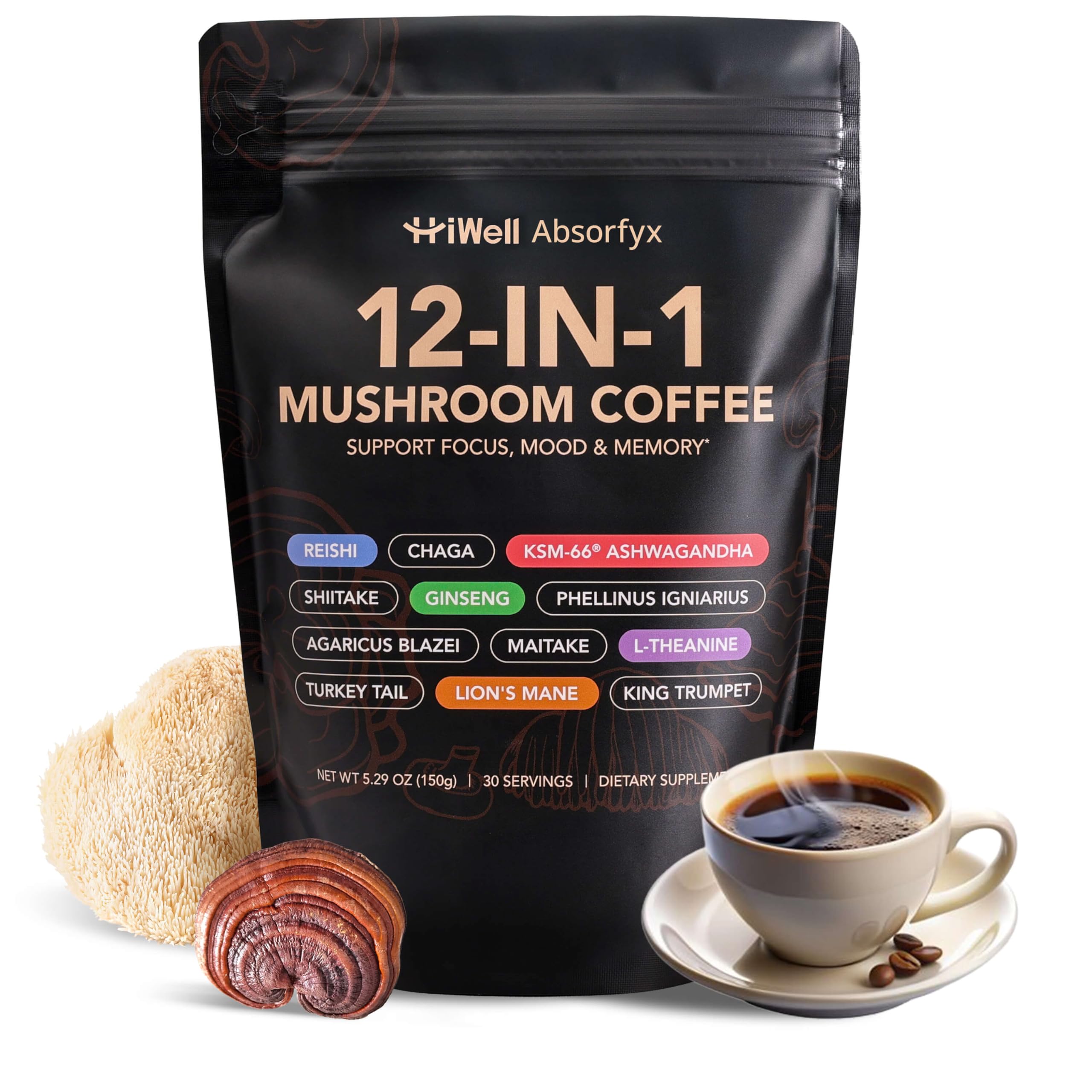 HiWell Absorfyx Café de Cogumelos com Ginseng orgânico, Ashwagandha KSM-66 e L-teanina, até 48 mg de cafeína, 30 porções