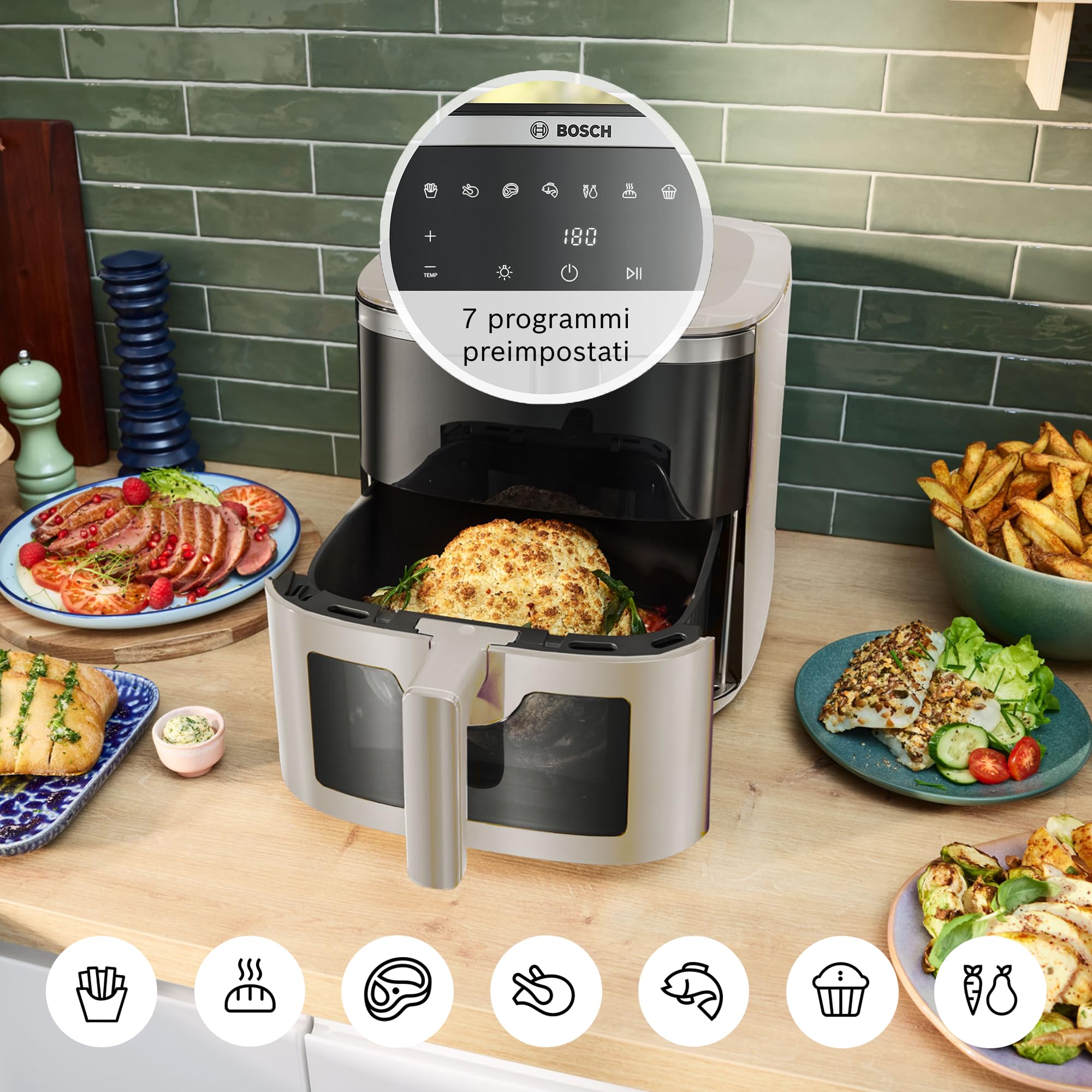 Bosch Serie 6 Friggitrice ad Aria MAF671C0, Air Fryer XXL, Capacità 7,2 L, 7 Programmi Preimpostati, Finestra sul Cestello Illuminata, Cottura Fino al 65%* Più Veloce, Beige