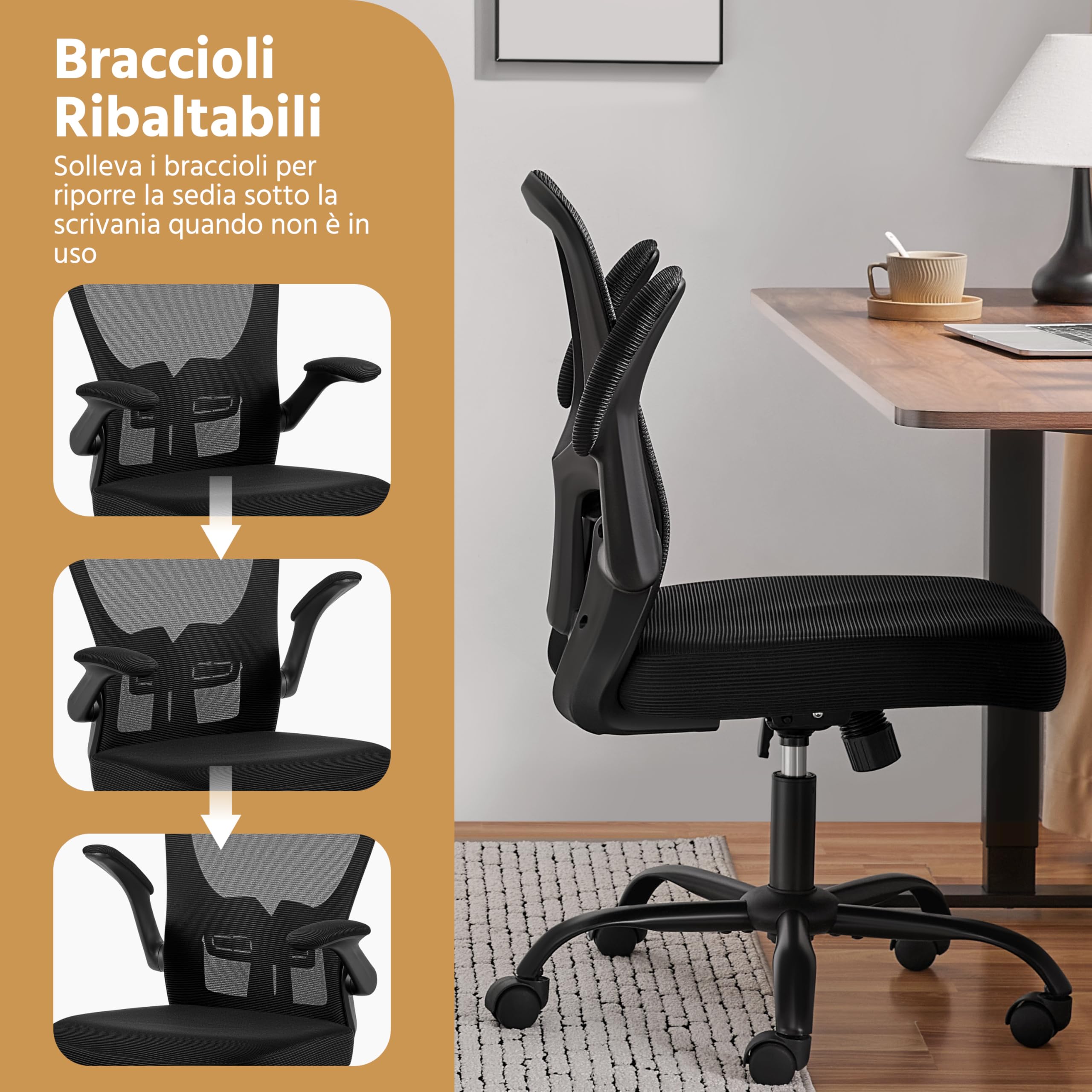Yaheetech Sedia Ufficio Scrivania Ergonomica con Supporto Lombare Nera | Rete Traspirante Supporto Lombare Braccioli Regolabil Ruote Girevoli Funzione Dondolo Portata 136 KG per Ufficio Camera