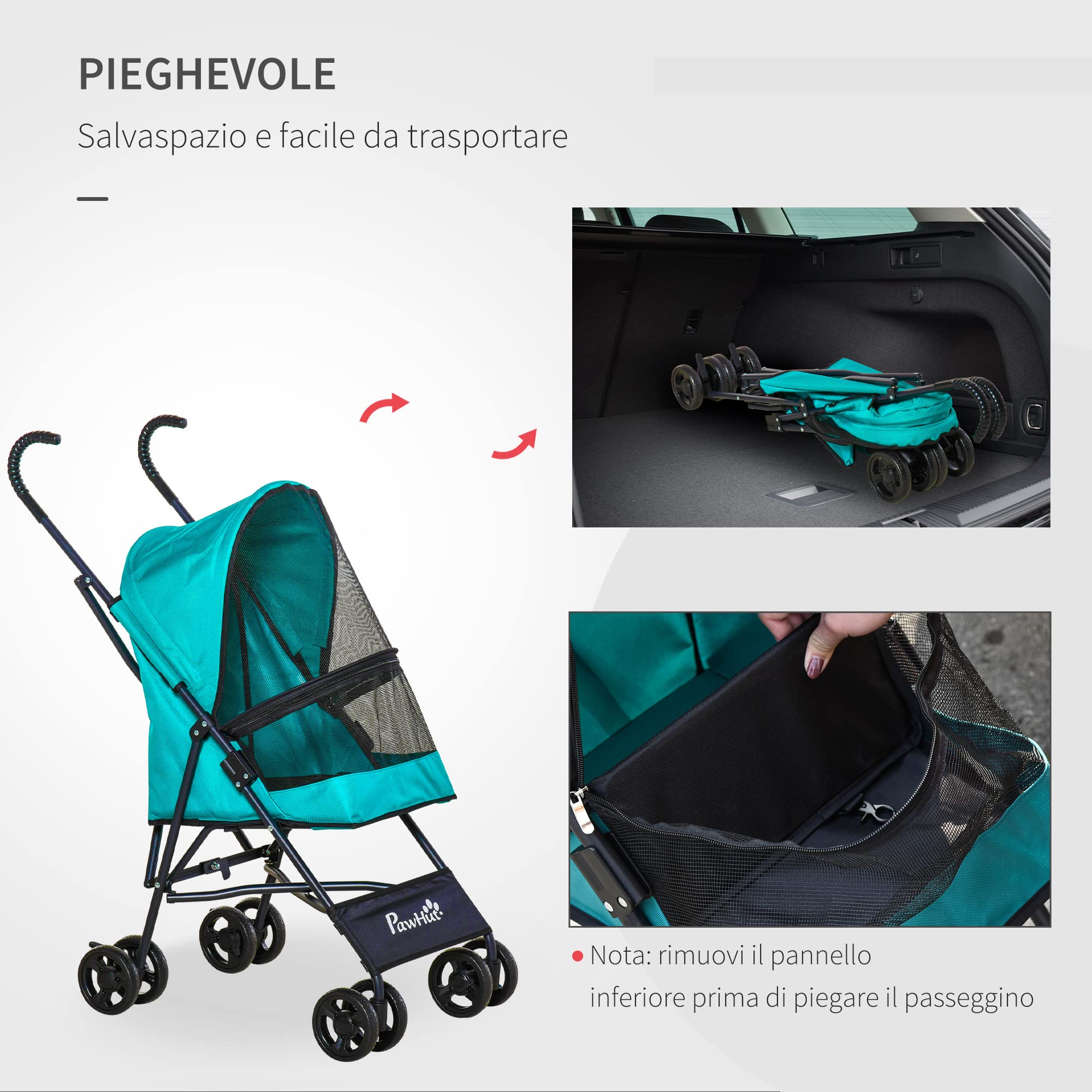 PawHut Passeggino per Cani Piccoli Pieghevole, Ruote Girevoli con Freno in EVA e Guinzaglio di Sicurezza, 65x42x94cm Verde