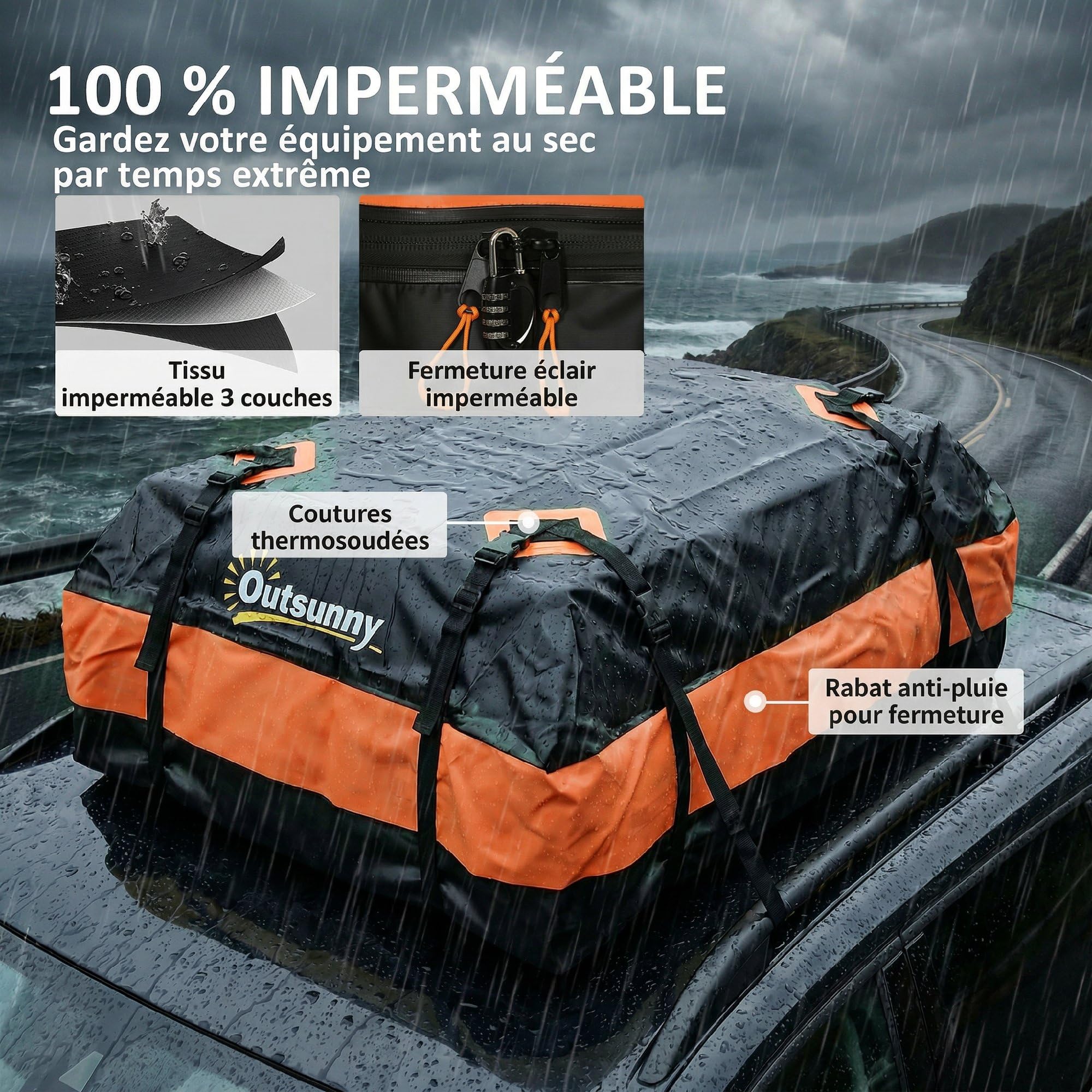 Outsunny Coffre de Toit de Véhicule 425 L, Intempéries, 8 Sangles Renforcées, 4 Crochets de Portes, Cadenas Antivol, Tapis Antidérapant, Sac de Toit Voiture pour Tous Véhicules avec/sans Barres