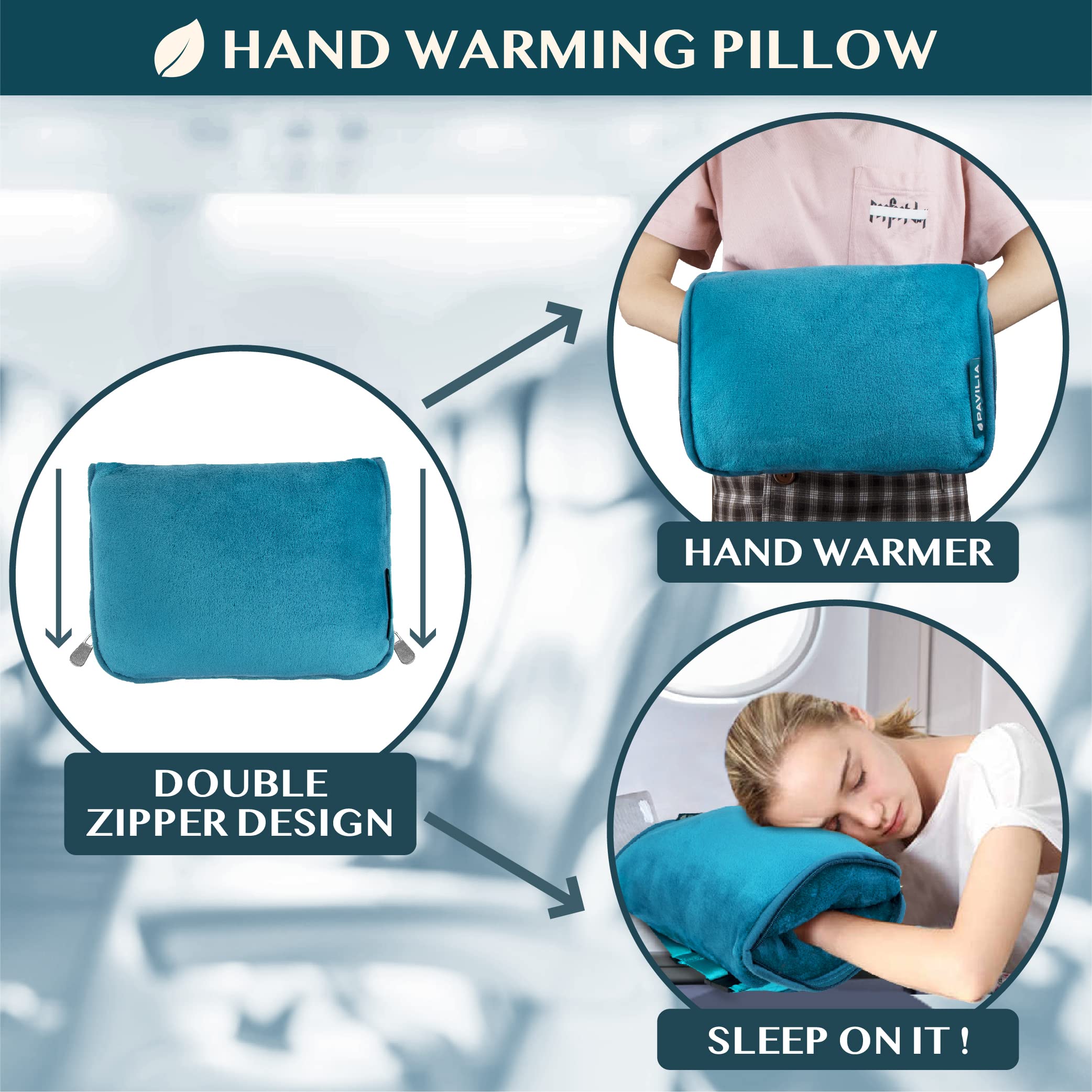 PAVILIA Almohada de Viaje, Suave Manta de avión 2 en 1, Manta de avión compacta, Plegable, Almohada de Coche Esencial para Vuelo, Accesorios de Regalo para viajeros, Correa de Mochila de Equipaje, 60
