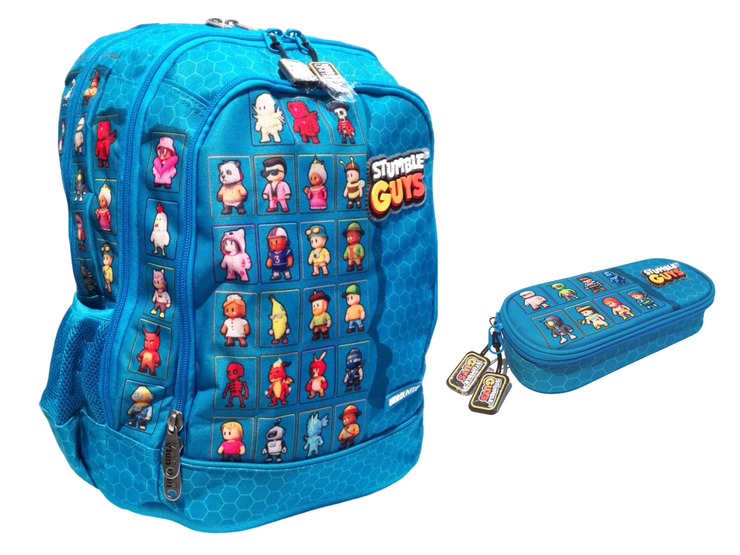 PRESTIGE & DELUXE Zaino Scuola Stumble Guys Azzurro Tondo 3 scomparti con badge - Tinta Unita Pool Over + Astuccio ovale + 7 Penne cancellabili e portachiave Stumble Guys