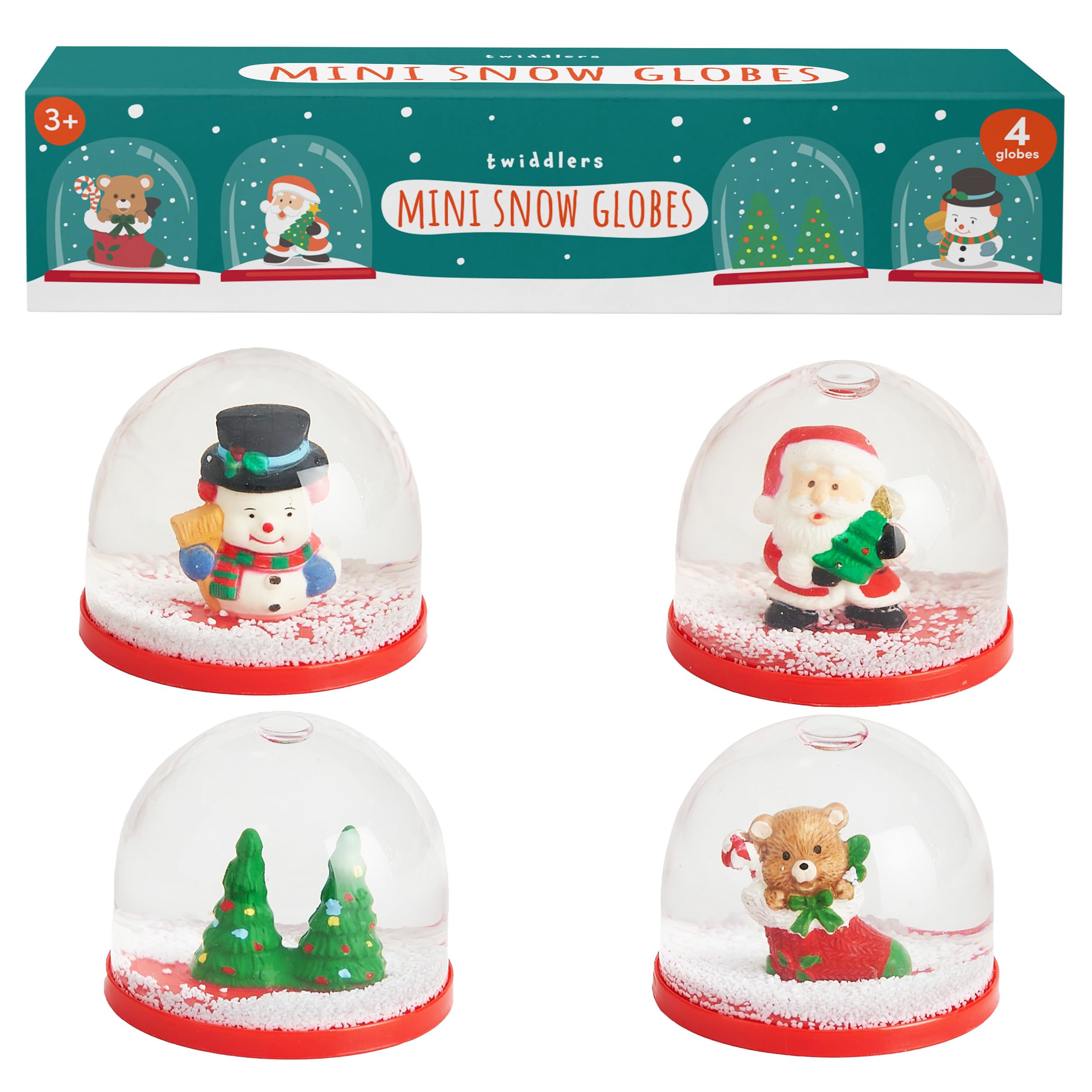 THE TWIDDLERS 4 Mini Christmas Snow Globes in Xmas Designs Stocking Fillers, Party Gift Bags, Festive Ornaments and Decorations for Kids & Adults - 6cm Globes (Snowman, Santa, Trees & Teddy)