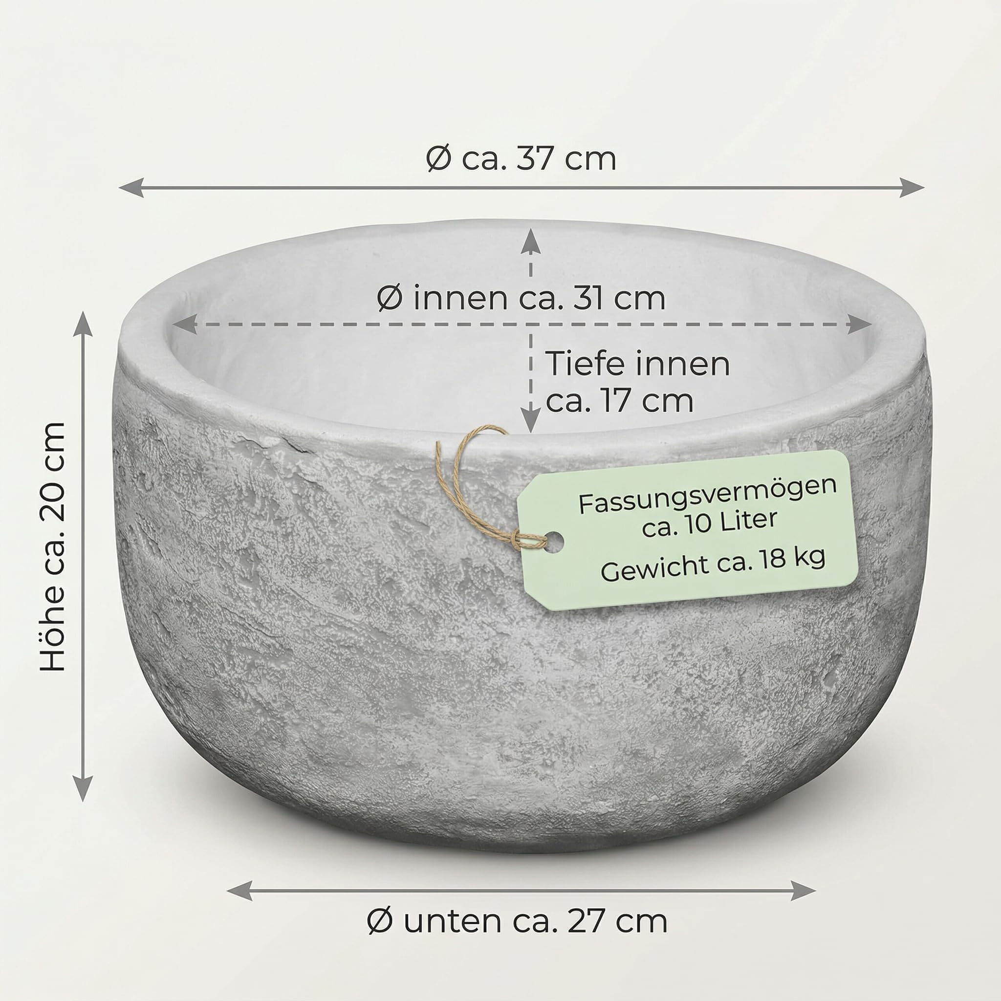 gartendekoparadies.de Bol à Fleurs Solide, Rond, Rustique, Hauteur : 20 cm, Largeur 37 cm, diamètre intérieur 31 cm, 10 litres, Gris, Poids 18 kg, en Pierre moulée résistante au Gel