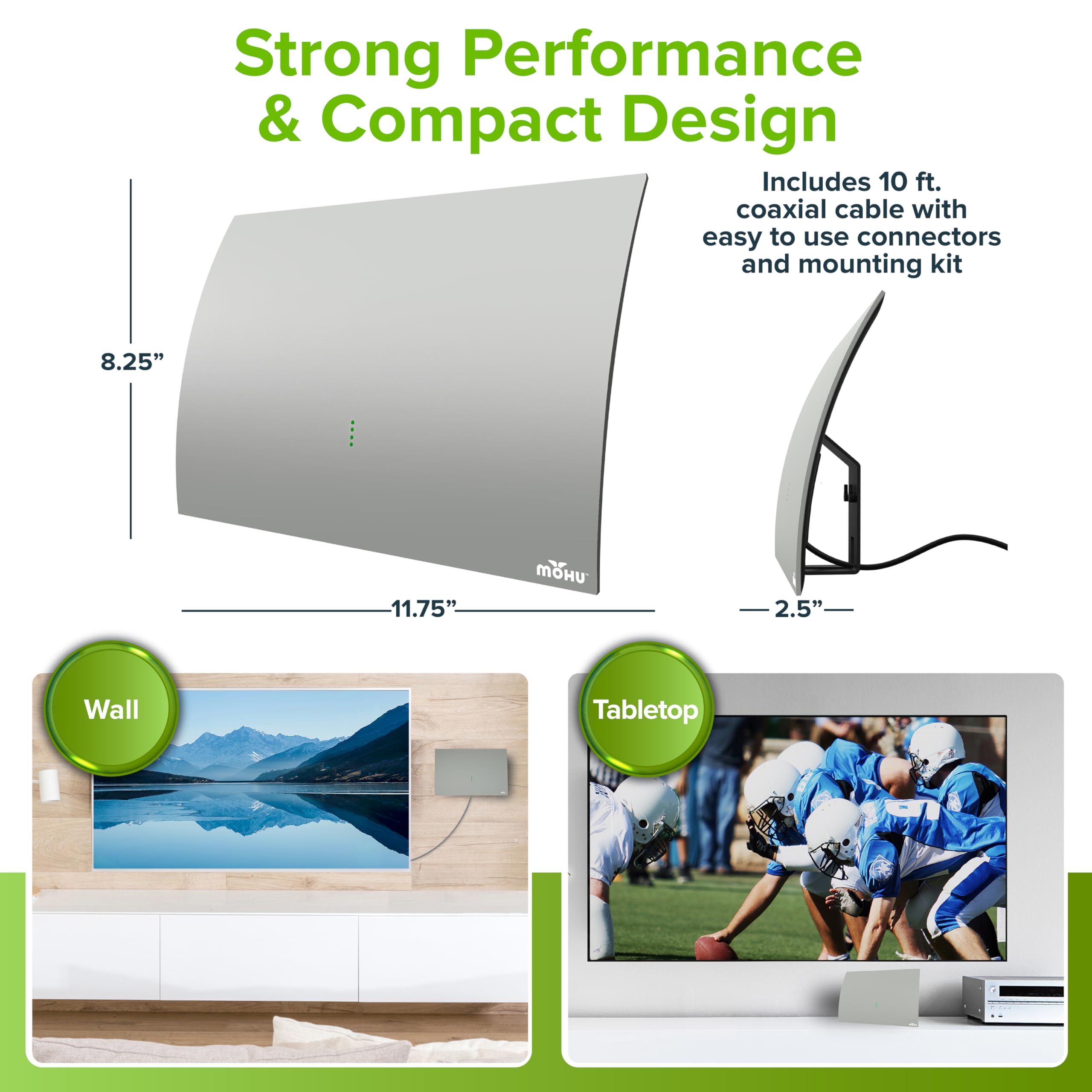 Mohu Gateway Plus - Antena amplificada de TV para Interiores, indicador de señal, Rango de 60 Millas, UHF VHF, multidireccional, 4K UHD, TV NEXTGEN con Soporte, Cable de 10 pies