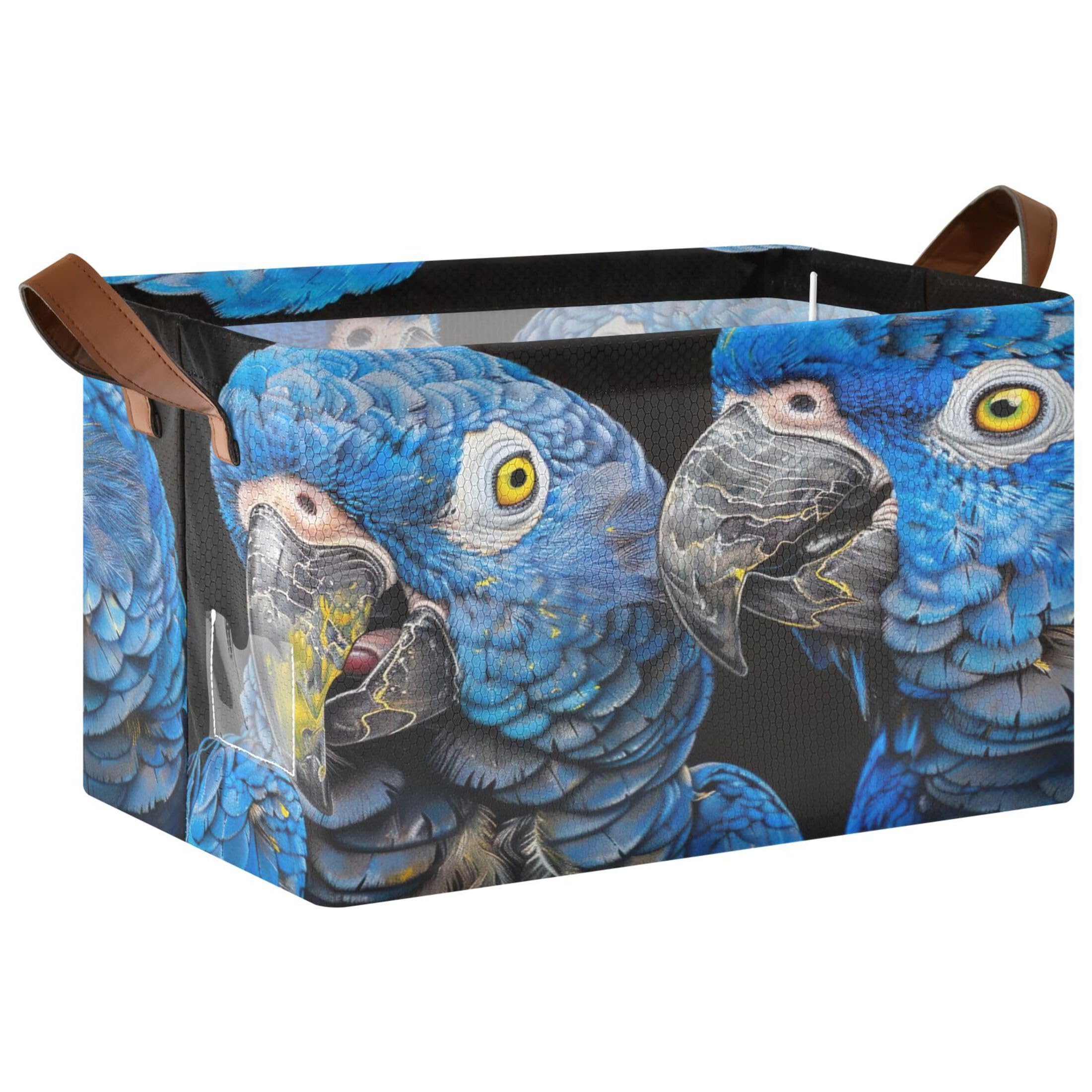 Kutsu Foldable Storage Basket Parrot Collapsible Storage Bin with Handles for Shelves, Rectangle Basket for Home Nursery Decor, 16.9x11.4x10 in