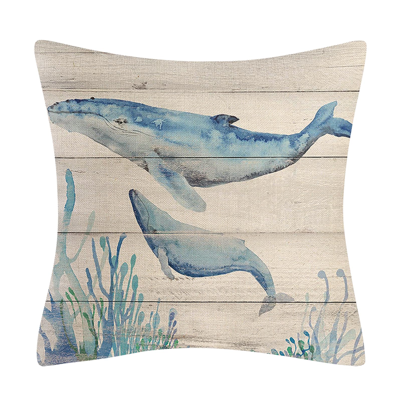 Federe Per Cuscini 45x45 Cm Con Animali Del Mare – Lino Alta Qualità, Set Da 4, Beige E Blu, Per Divano, Camera E Esterno - 5