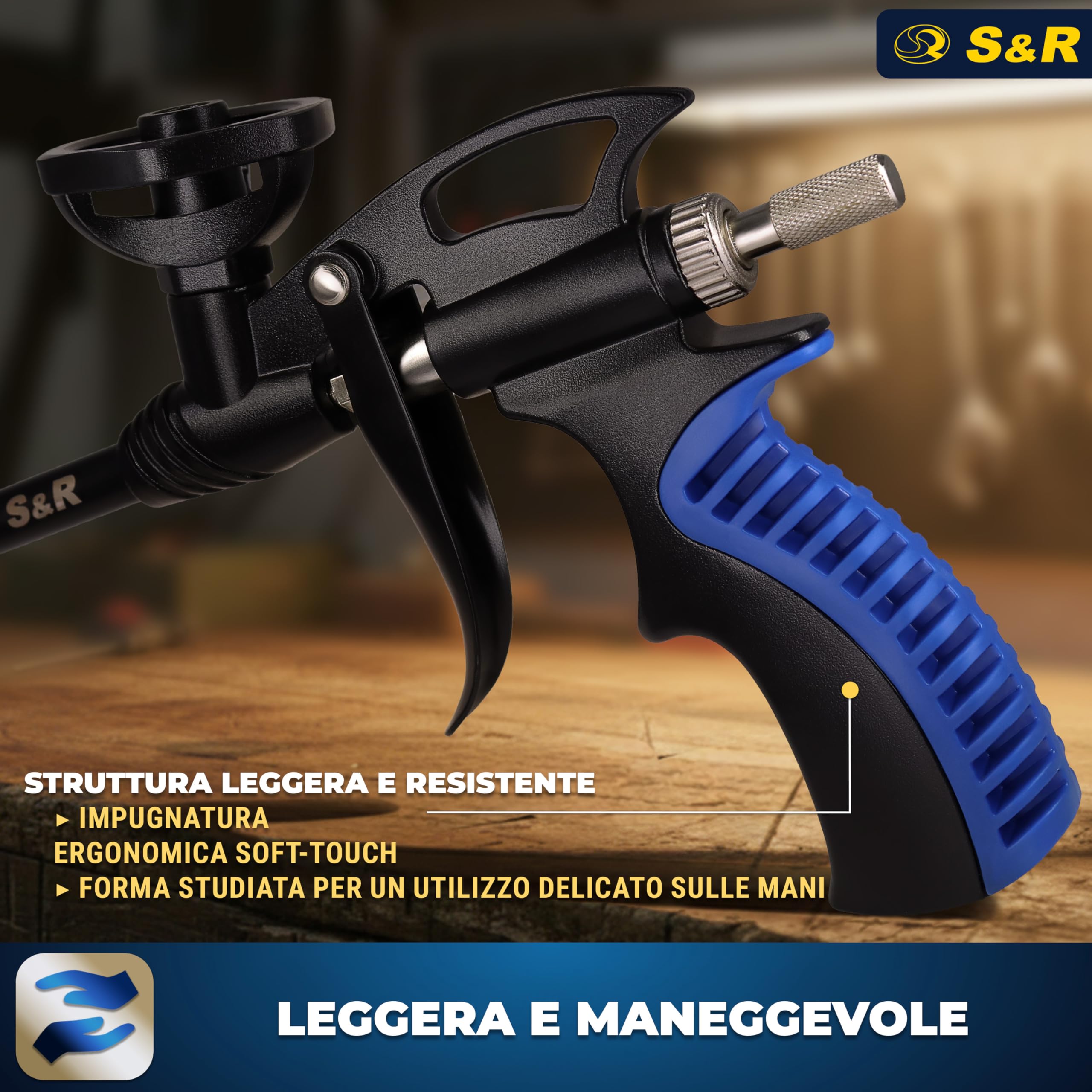 S&R Pistola Schiuma Poliuretanica Professionale PU 345 mm. Pistola per Schiuma Espansa Rivestimento Antiaderente e Ugello Acciaio Inox e Teflon. Foam Gun Dosaggio di Precisione.