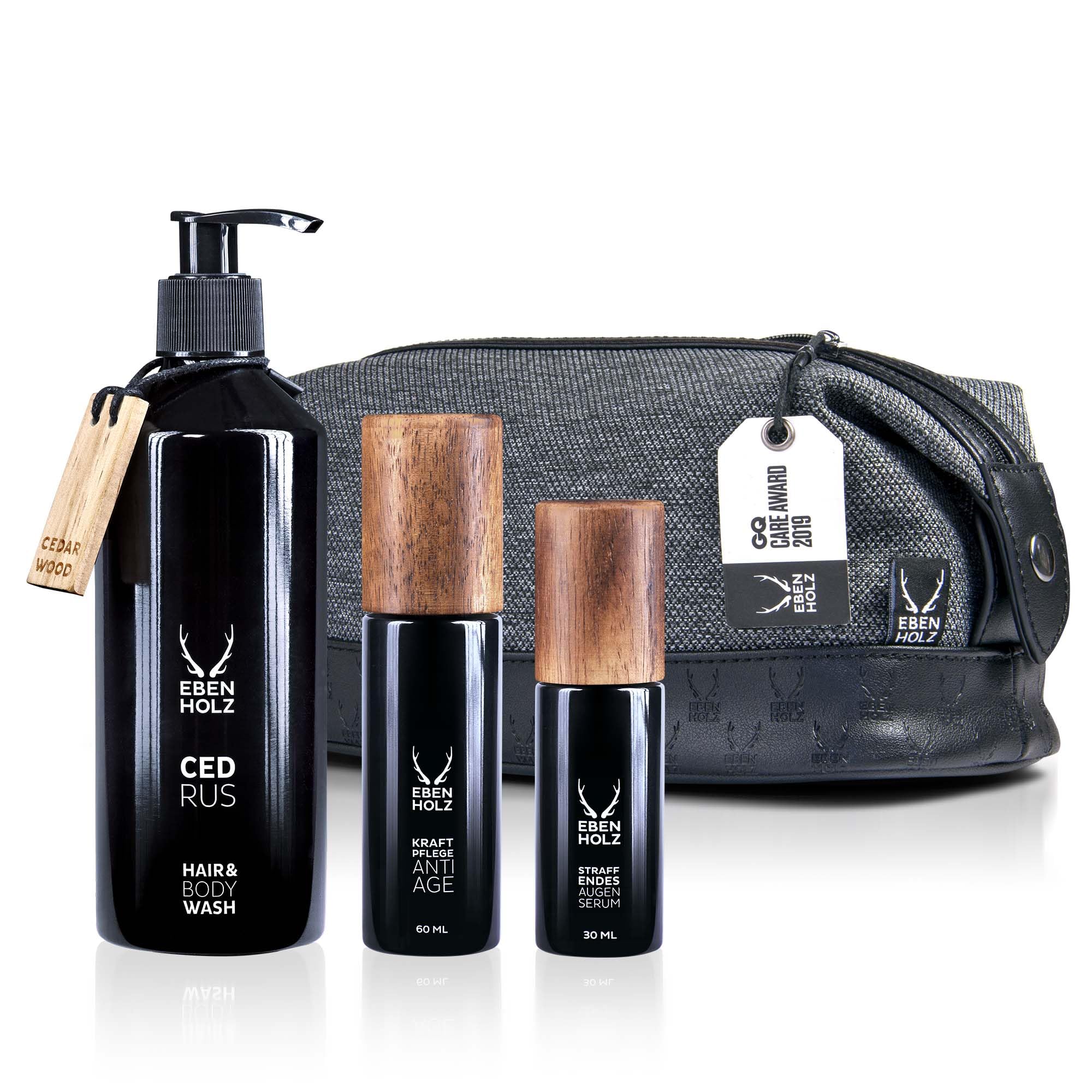 EBENHOLZ Skincare – zestaw do pielęgnacji twarzy – klasyczny zestaw do pielęgnacji twarzy, cedrowy do mycia włosów, pielęgnacja ciała przeciw starzeniu się, serum pod oczy, bawełniana chusteczka