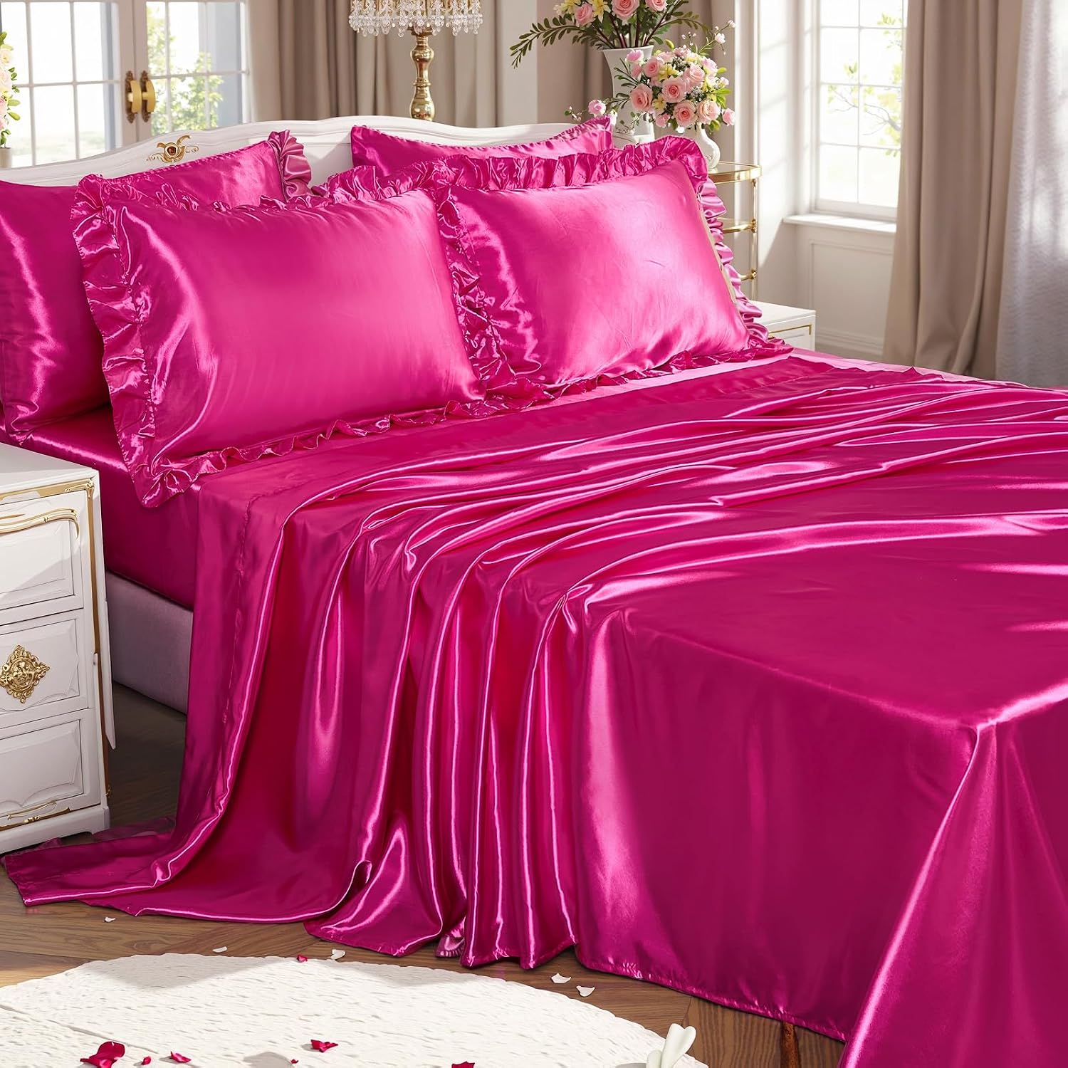 MOVE OVER 8 Pieces Silk Like Satin Comforter Set Queen Size Hot Pink Ruffle Bedding Set for Girls and Women Luxury and Silky Multi Layer Ruffle Design Farmhouse Bedding Set