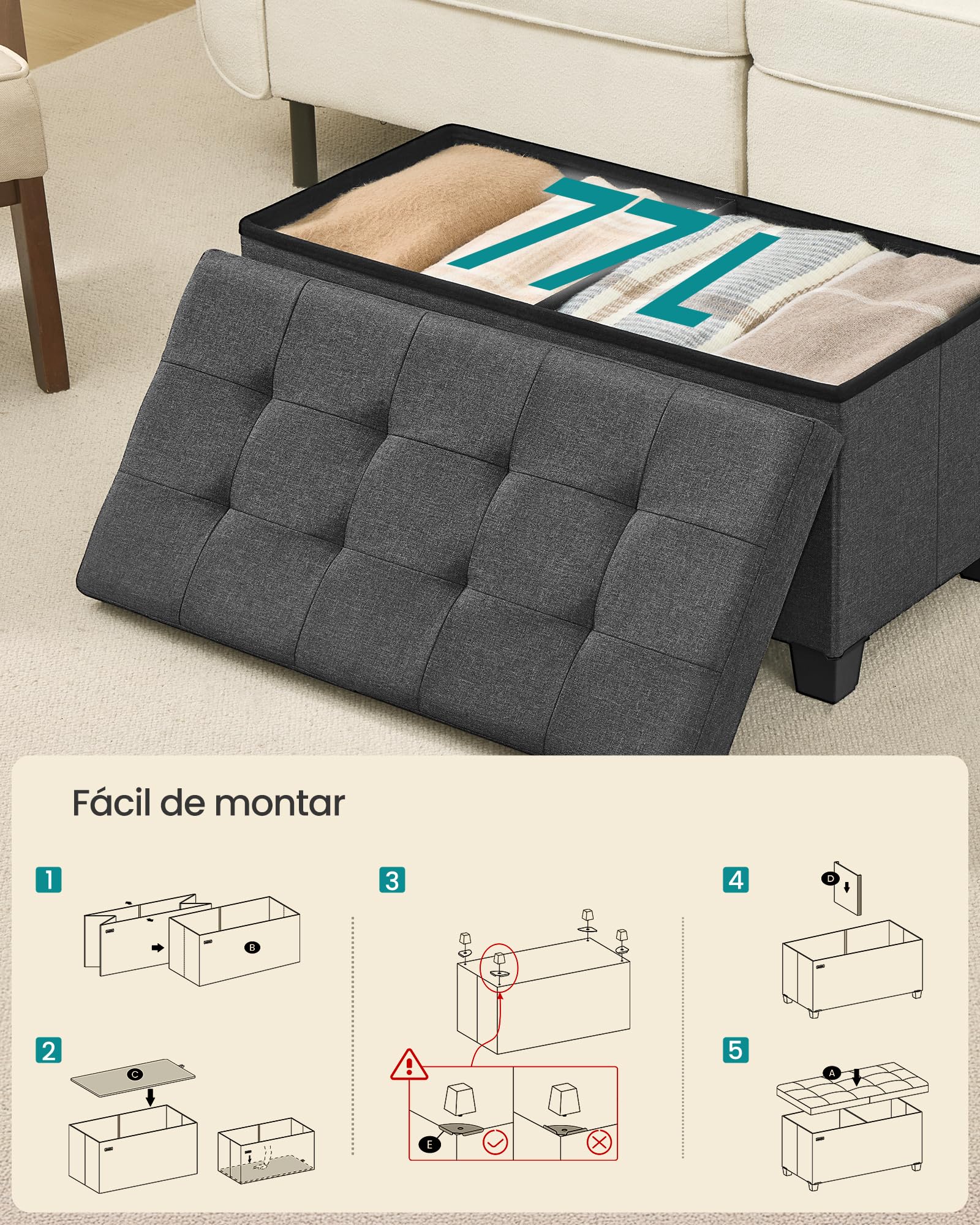 SONGMICS Banco de Almacenamiento, con Patas, Baúl Plegable con Tapa Abatible, para pie de Cama, para Dormitorio, Recibidor, Tela con Aspecto de Lino, 76 cm, Gris Pizarra LSF049GN01