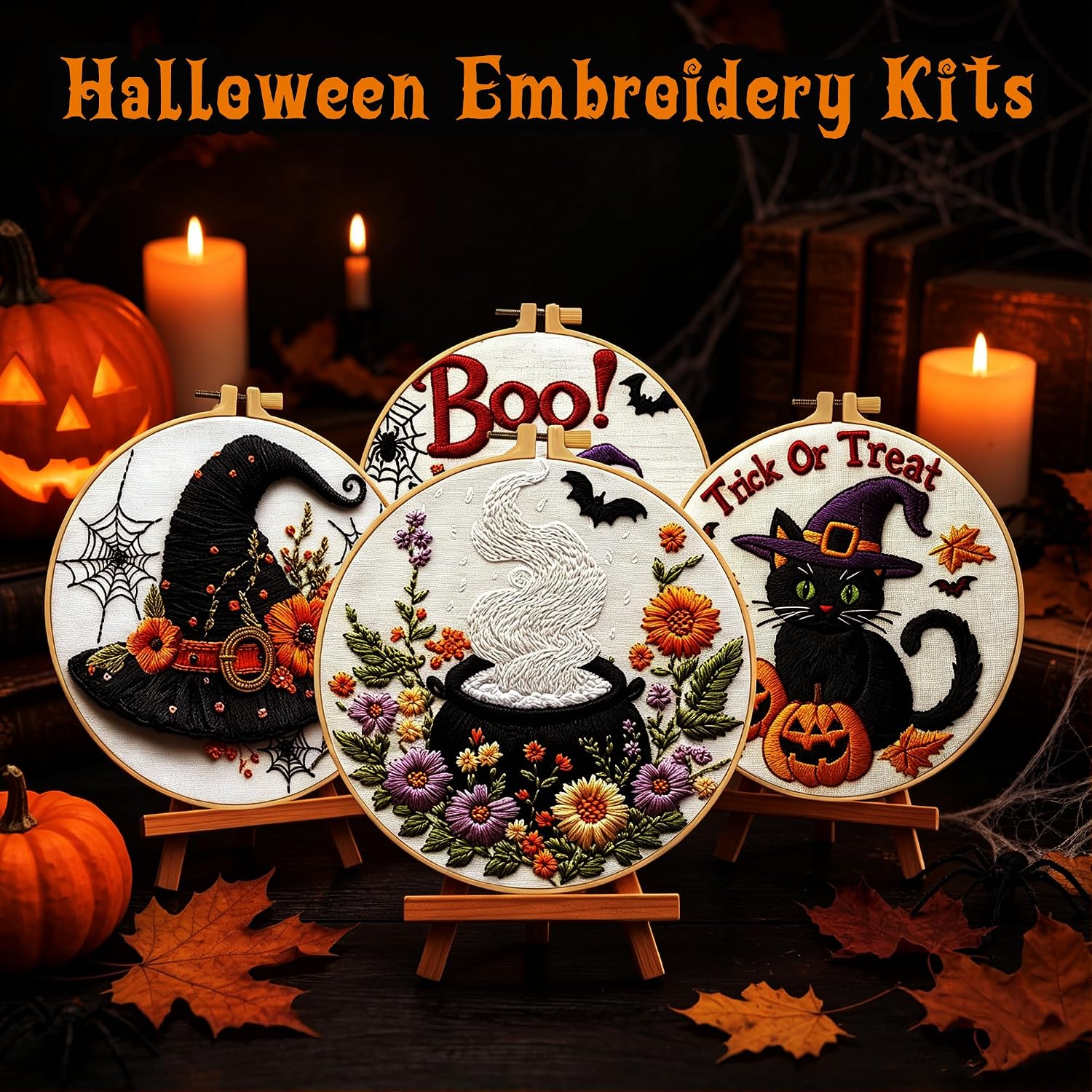 4 Sets Halloween Embroidery Kits for Beginners, Halloween Cross Stitch Kits