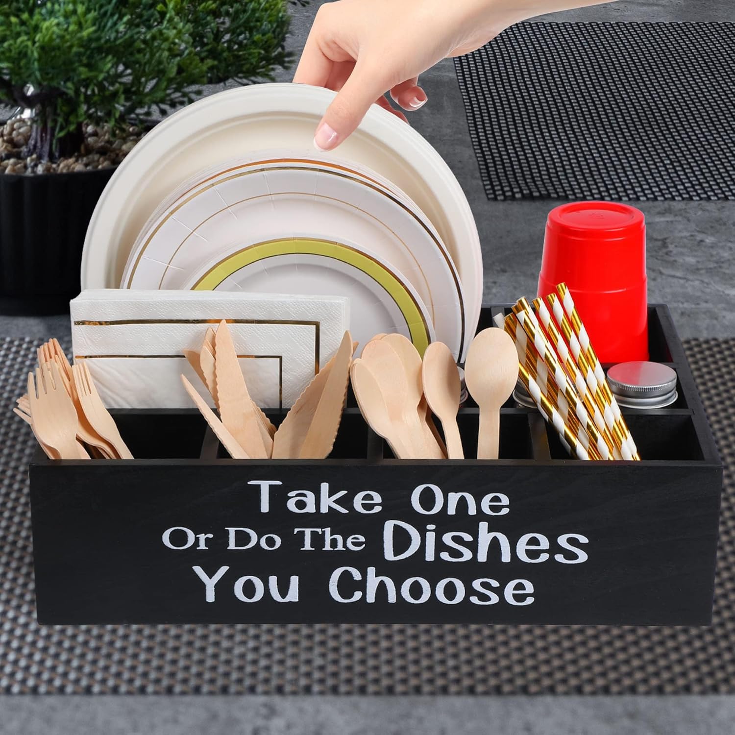 Large Paper Plate Holder Utensil Caddy Organizer for Countertop, Kitchen Silverware Caddy Holder for Cups, Forks, Spoons, Plates, Napkins, Wood Utensil Holder Paper Plate Dispenser for Party Picnic