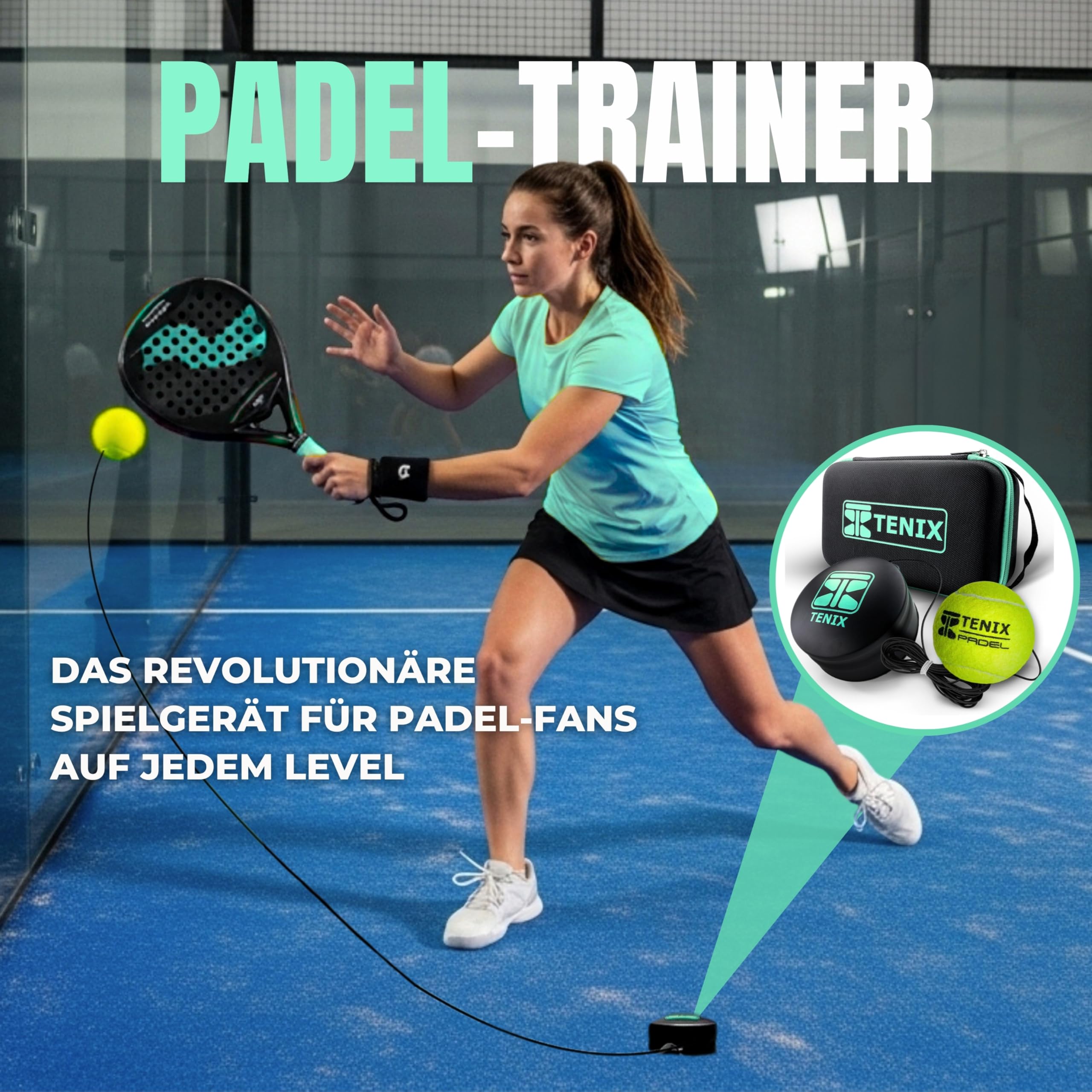 TENIX® Padel-Trainer Set mit Edelstahl-Basis [Keine Wasserfüllung nötig] Trainieren im Hof, im Park, auf dem Padelplatz | Hervorragendes Padel-Tennis Geschenk!