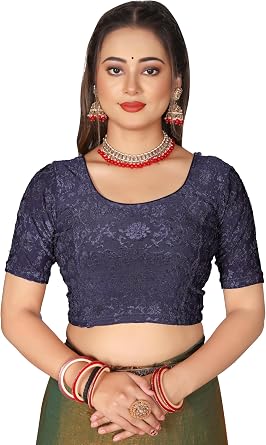 SEEANS Embossed Saree Blouse for Women, Readymade Stretchable Blouse for Saree, Navy Blue, 41 to 45