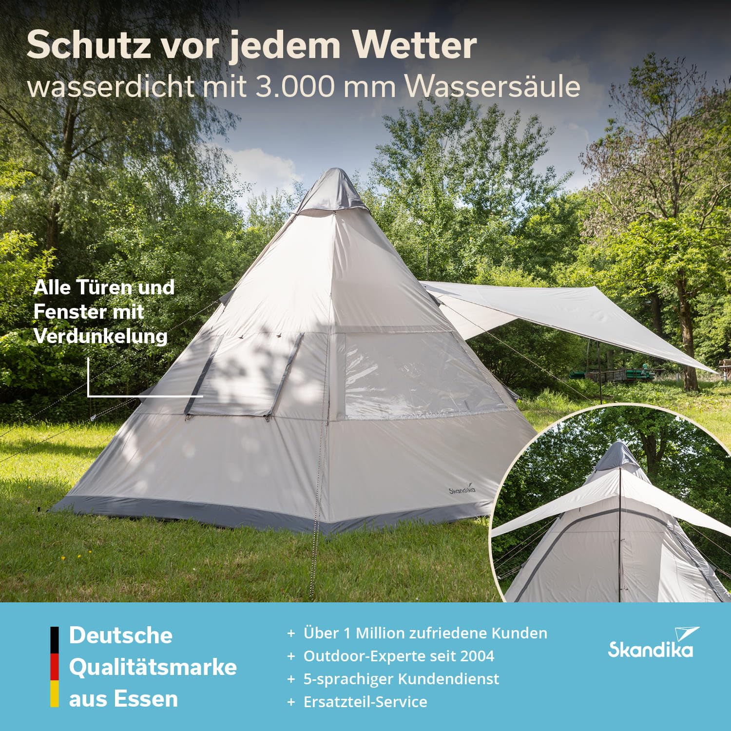 Skandika Luftzelt Tipi Hetta 460 Air Protect | Aufblasbares Familienzelt für 6 Personen, 2,95 m Stehhöhe, 3000 mm Wassersäule, eingenähter Zeltboden, UV 50+ | Campingzelt, Festivalzelt, Indianerzelt
