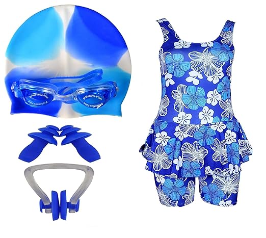 Golden Girl Girls Swimming Kit with Swimming Costume Swimming Goggles Silicone Swimming Cap 1 Nose Clip 2 Ear Plugs (Multicolor_12-13 Years)