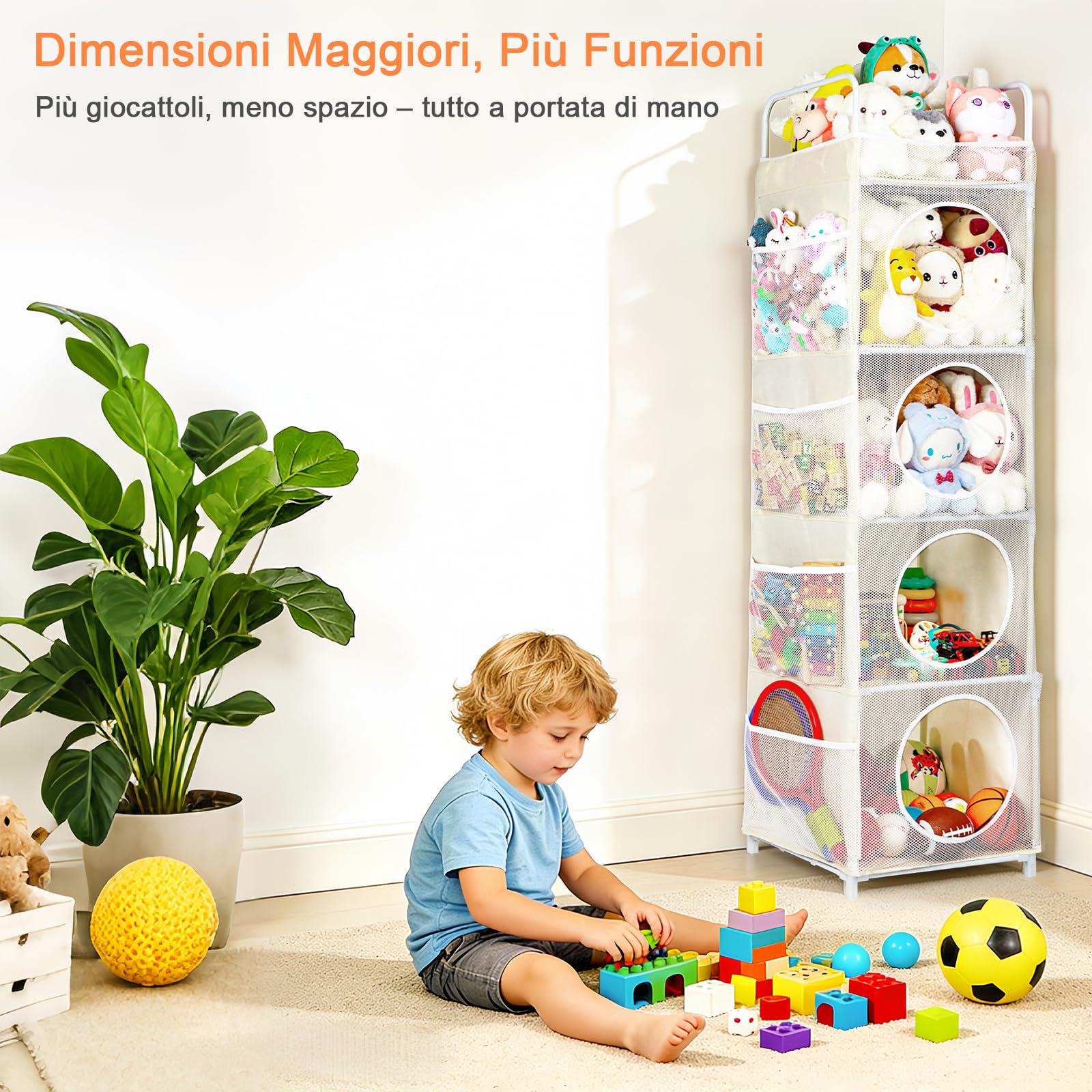 Porta Peluche, 42x42x162cm Porta Giochi Bambini, 5 Ripiani & 8 Tasche Laterali, Contenitore Giochi Bambini (Beige)