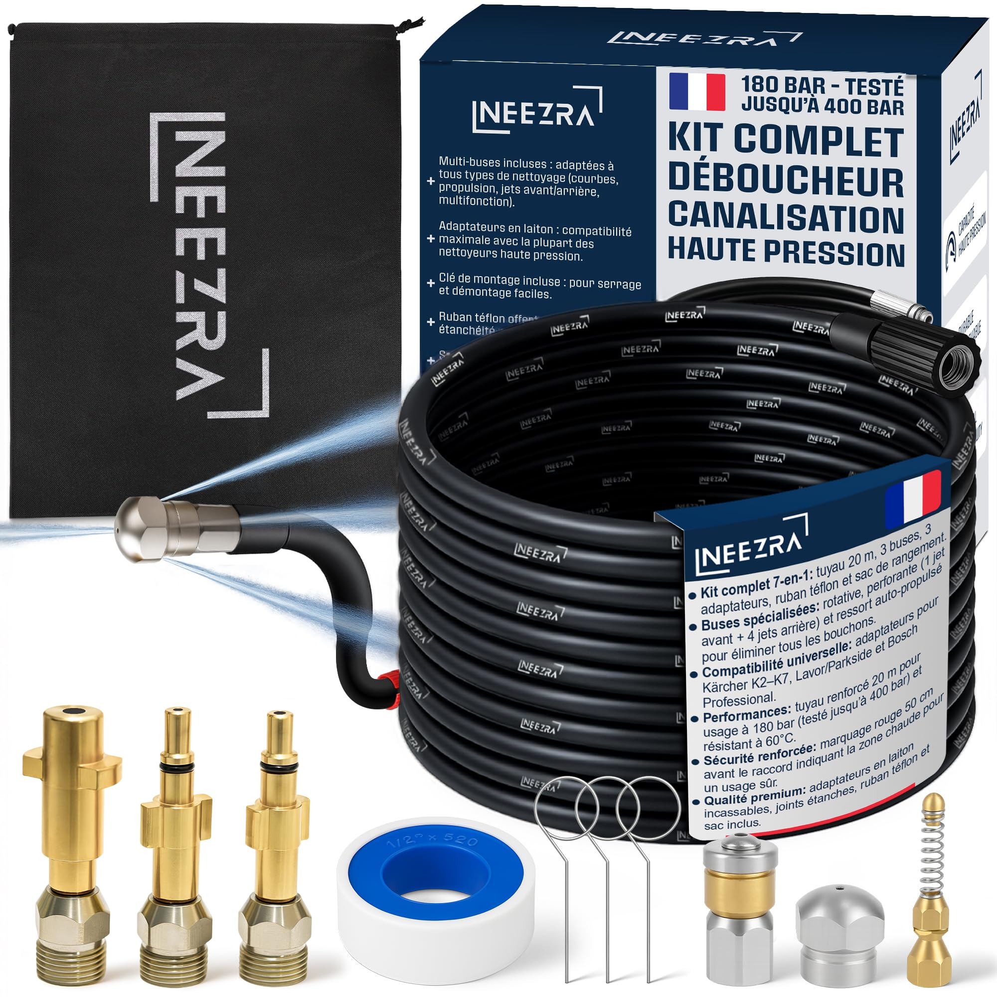 Kit 7‑en‑1 Déboucheur canalisation haute pression 20 m – furet Karcher avec 3 buses rotative, perforante & ressort, 3 adaptateurs laiton Karcher/Lavor/Bosch, ruban téflon, 60 °C