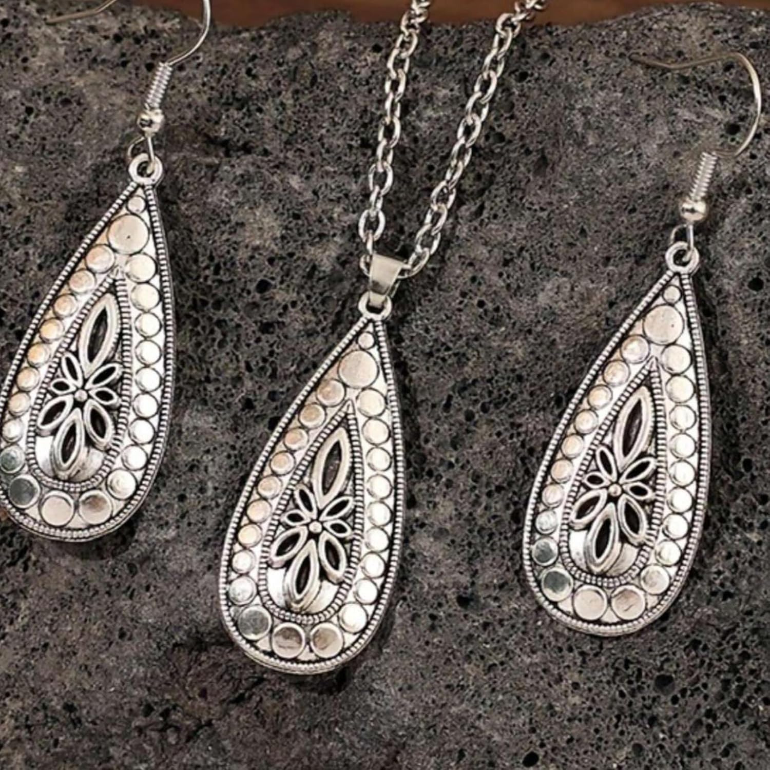 72ore Boho Necklace Earrings Silver Drop Water Droplet Pendant Vintage Fall Necklace Earrings for Women Jewelry Set Birthday Gifts Party Boho Shirt Outfits Accessories - Image 2
