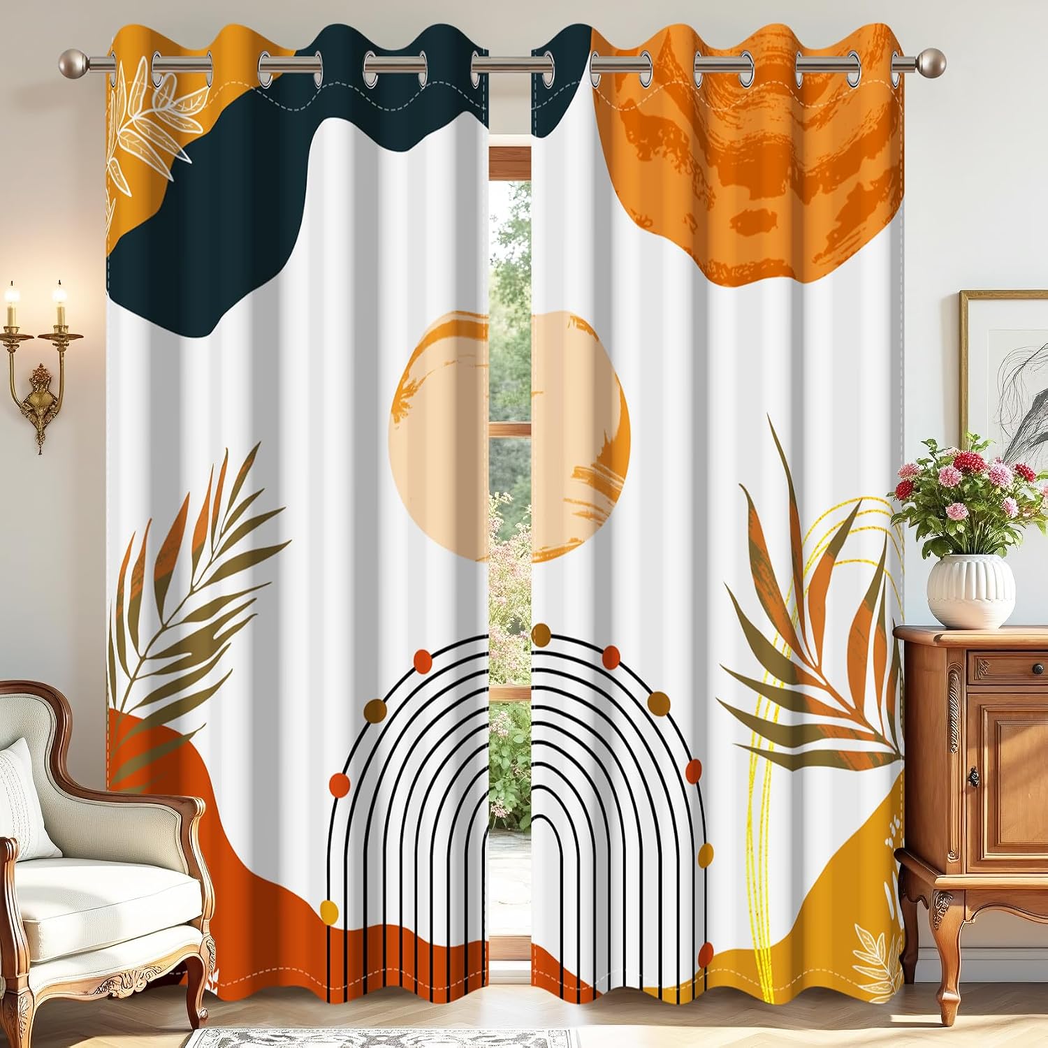 AWERT Boho Blackout Curtains 84 Inches Long 2 Panels Leaves Plants Geometric Line Colorful Dots Mid Century Bohemia Window Drapes for Bedroom Living Room Thermal Insulated Each Size 53x84 Inches