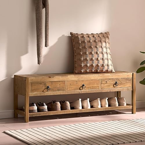 Wnutress 45.2" Reclaimed Solid Wood Benches with 3 Drawers &