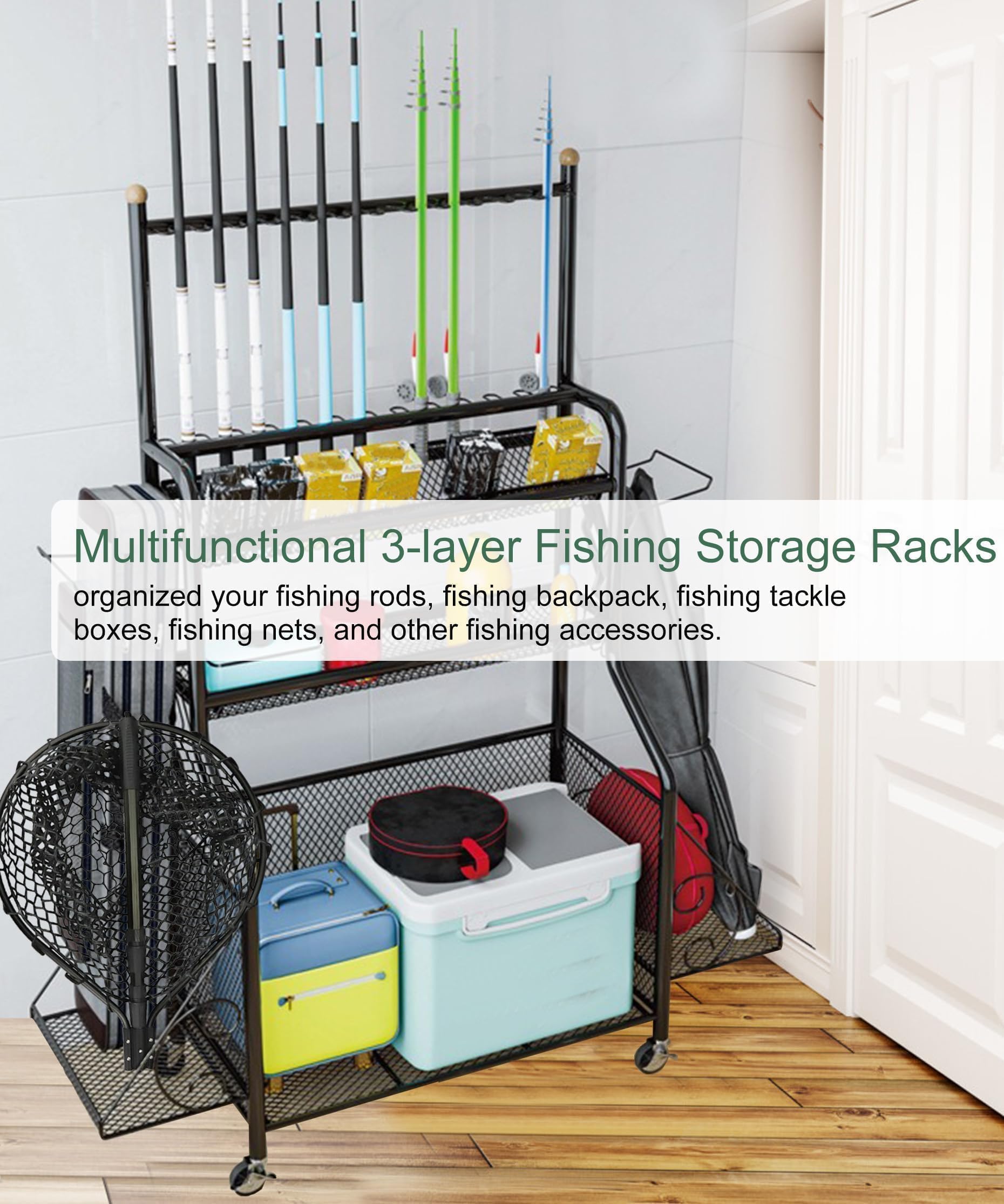 Uxwuy Fishing Rod Holders for Garage Fishing Gear and Equipment Organizers Fishing Pole Holders with Wheels for 12 Rods Rotating Tackle Storage Cart Fishing Rod Rack Cart