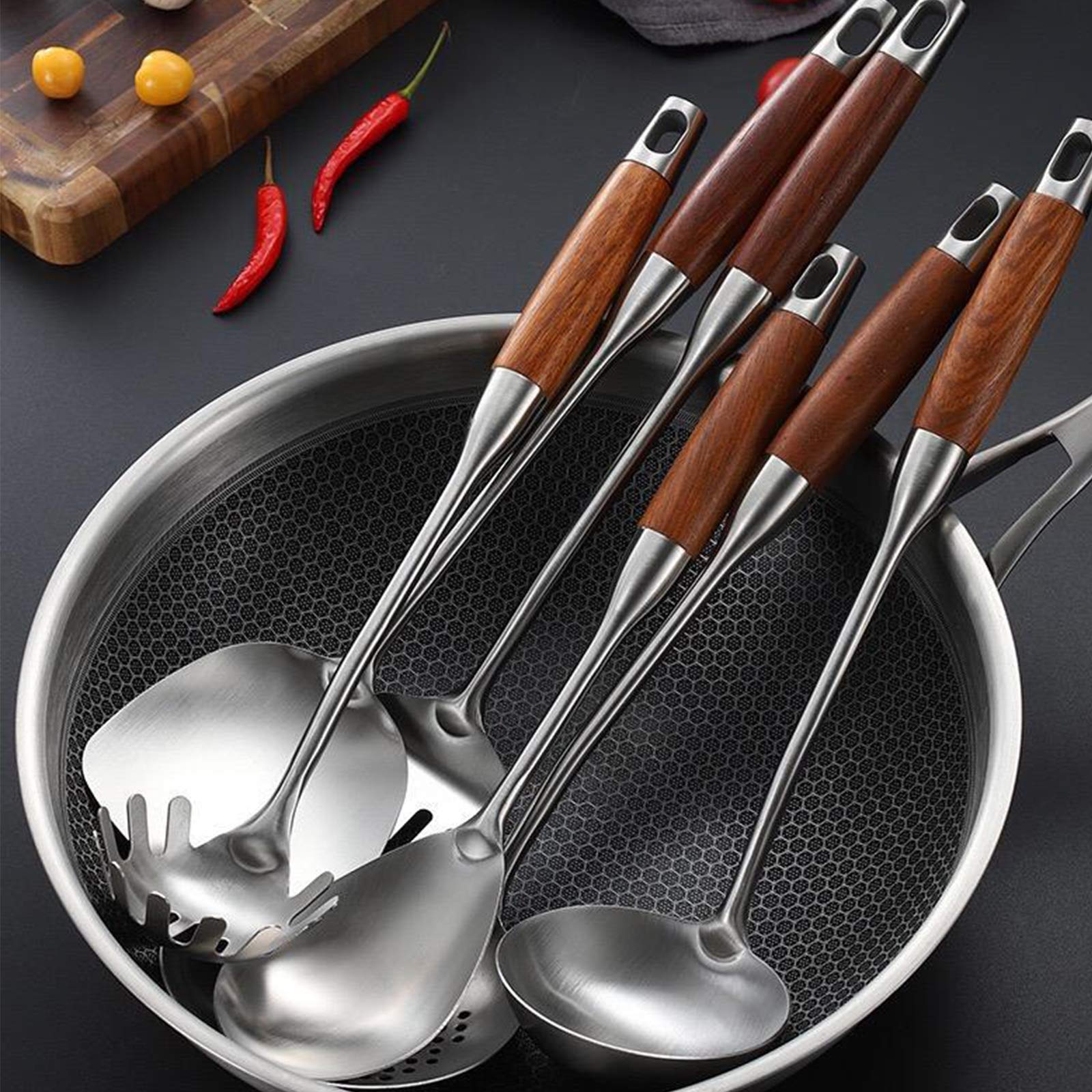 6Pcs 304 Edelstahl Küchenhelfer Set mit StäNder, Skimmer Schlitzlöffel, Servierlöffel, Schlitz Turner, Turner, Spaghetti Server, Suppenkelle, Hitzebeständiger Holzgriff