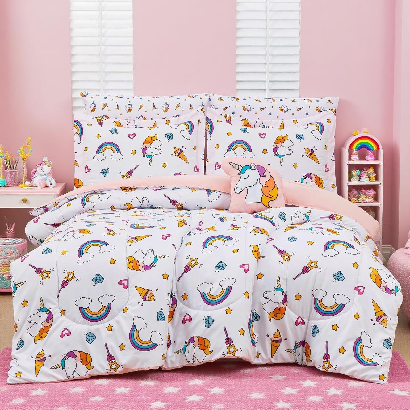 Mooreeke Bed in a Bag for Kids Girls Teens, 8 Pieces Full Size Comforter Bed Set with Shams, Sheet Set and Decorative Toy Pillow, Unicorn Rainbow Super Soft Microfiber Kids Bedding Set