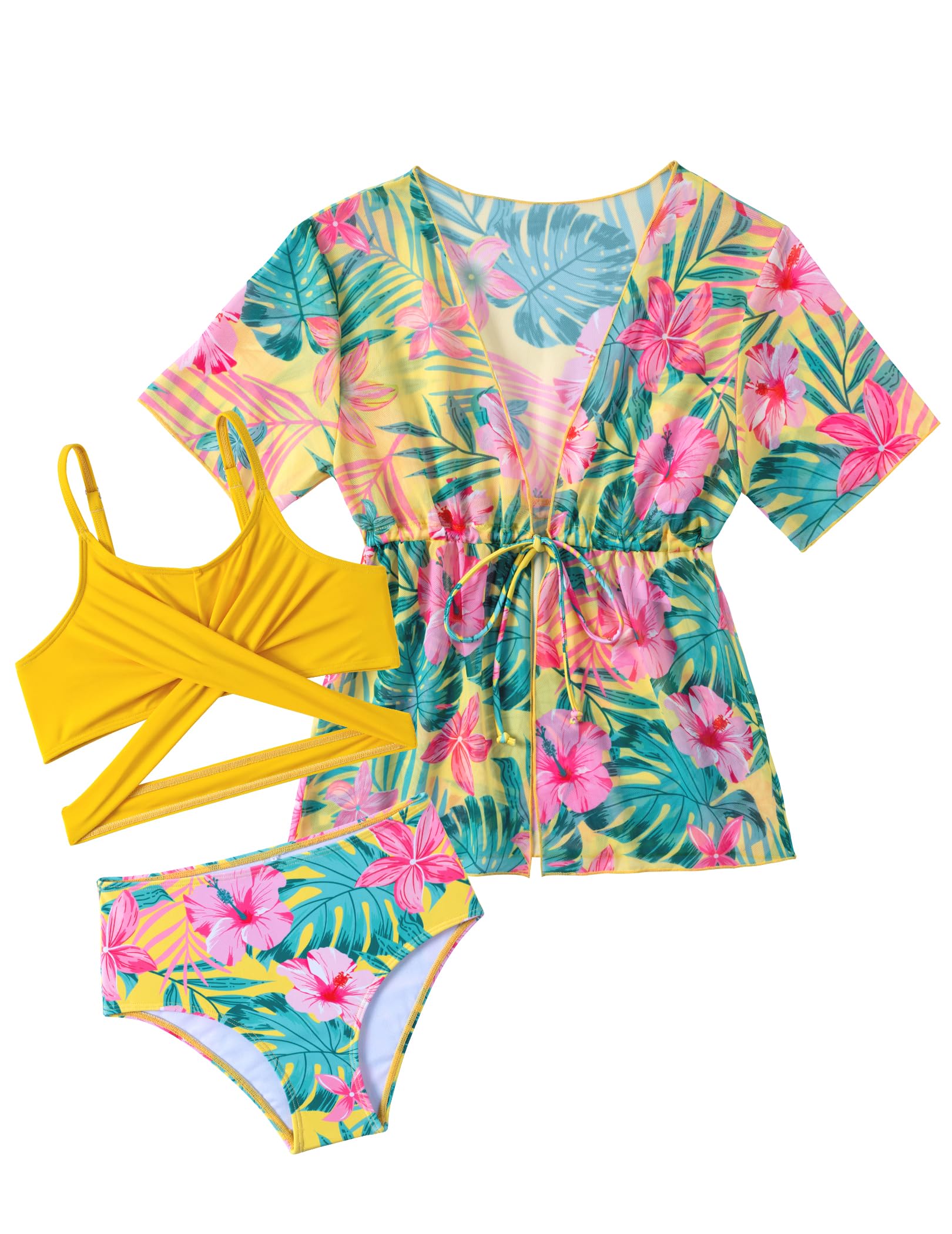 Arshiner Niñas Conjunto de Bikini 3 Piezas con Pareo Bañador Verano Falda Impresión Traje Ropa de Playa para Niñas 7-15 Años