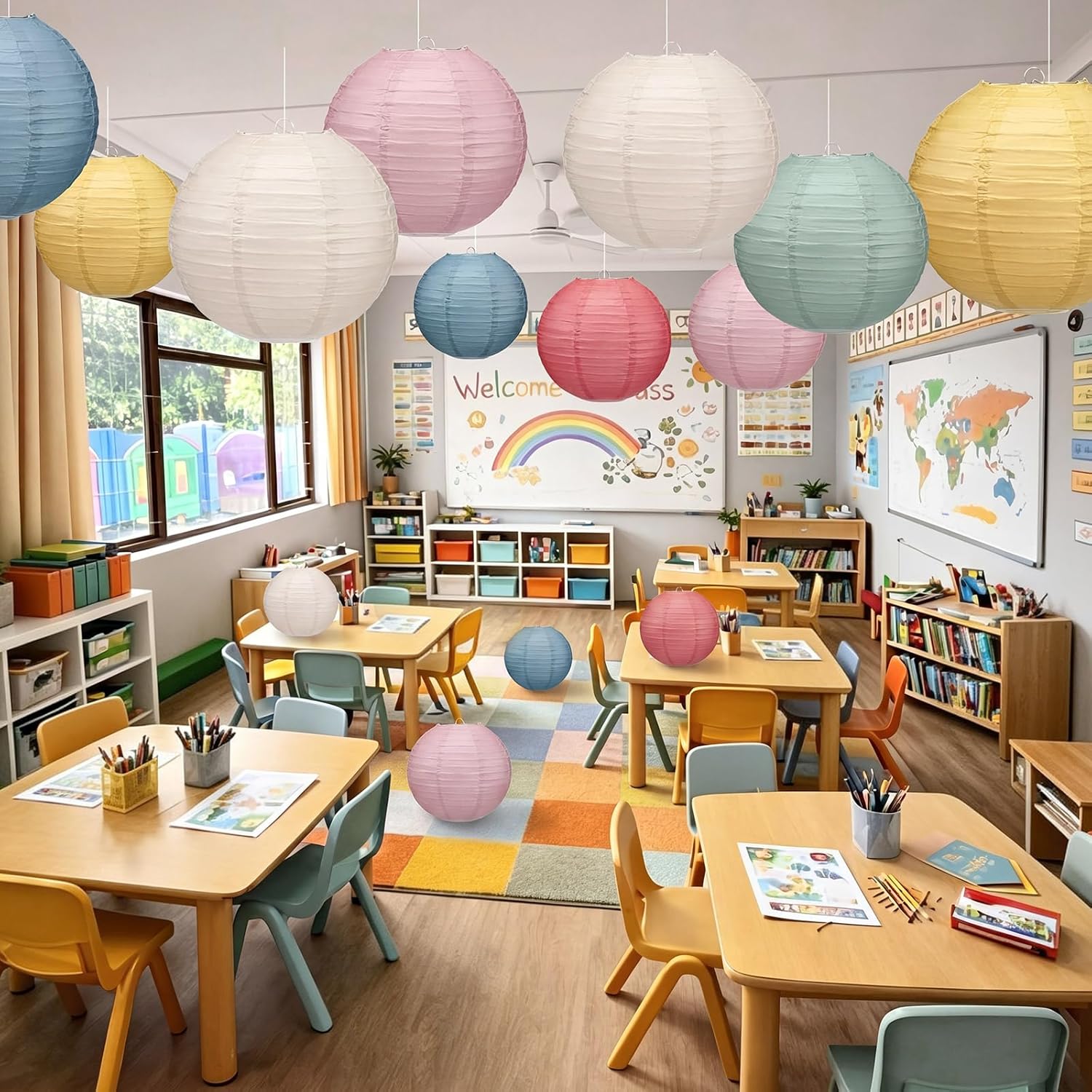 Retisee 12 Pcs 10 Inch Boho Hanging Paper Lanterns Spring Retro Classroom Decorations Hanging Pastel Paper Lanterns for Classroom Back to School Party Decor for School Home Wedding Birthday Decor