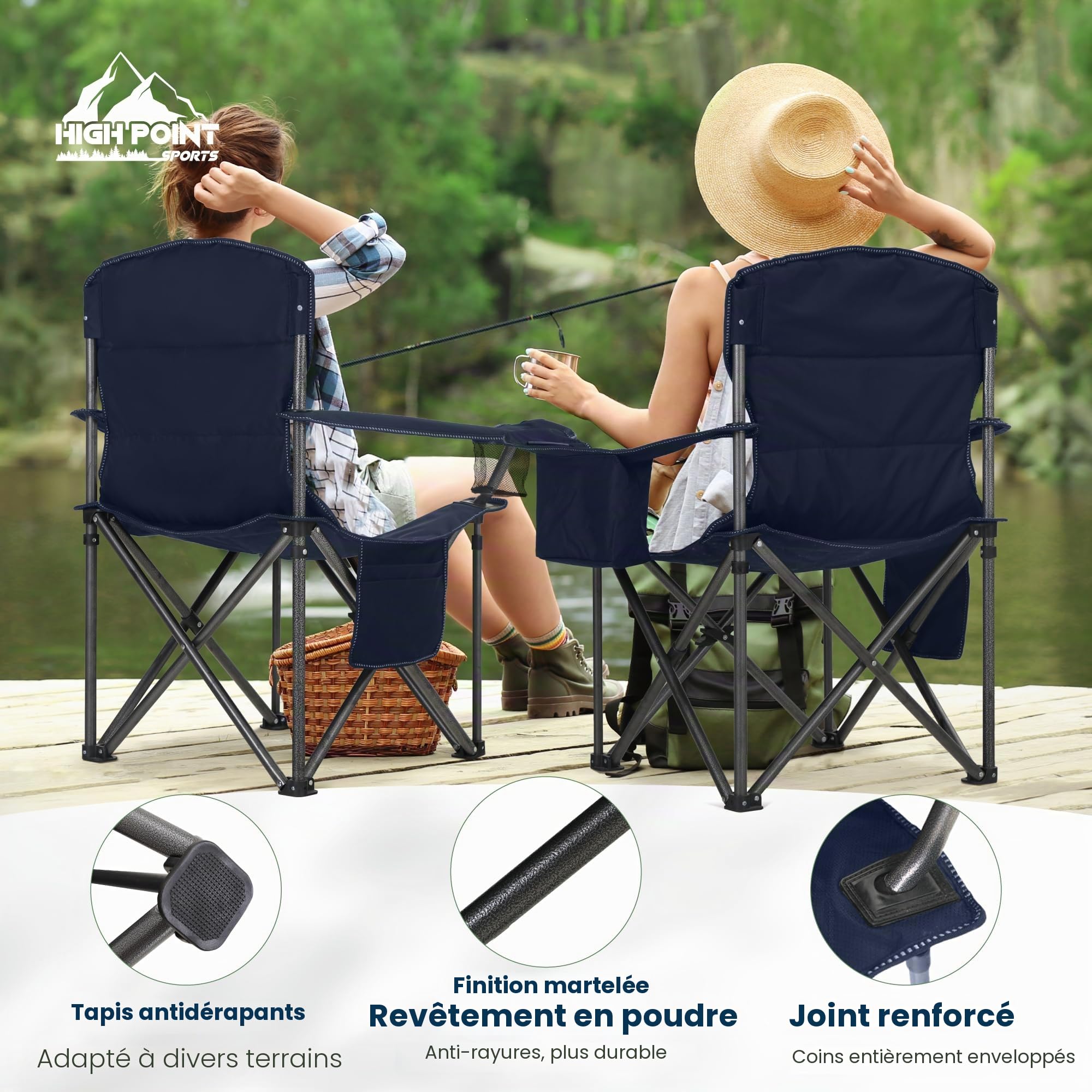 High Point Sports Chaise Pliante Camping Fauteuil Pliable Chaise de Plage 200KG Chargeable Chaise Pliante 62cm Largeur d'assise avec Poche latérale & Porte, Camping, Jardin, Pêche, Terrasse, Bleu