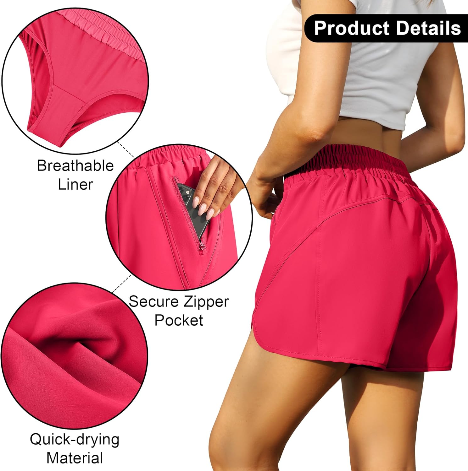 URATOT 2 Pack Women's Athletic Shorts Quick Dry High Waisted Running Shorts with Zip Pocket Gym Elastic Workout Short - Image 4