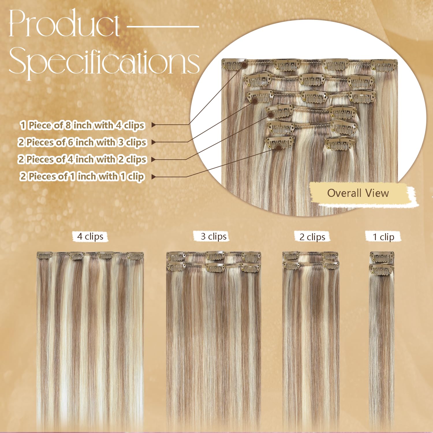 Blonde Highlights Human Hair Extensions Clip Ins 20 Inches Light Brown Mixed Bleach Blonde100g Hair Clip in Extensions Real Human Hair Straight Silky #8/22/8 7pcs