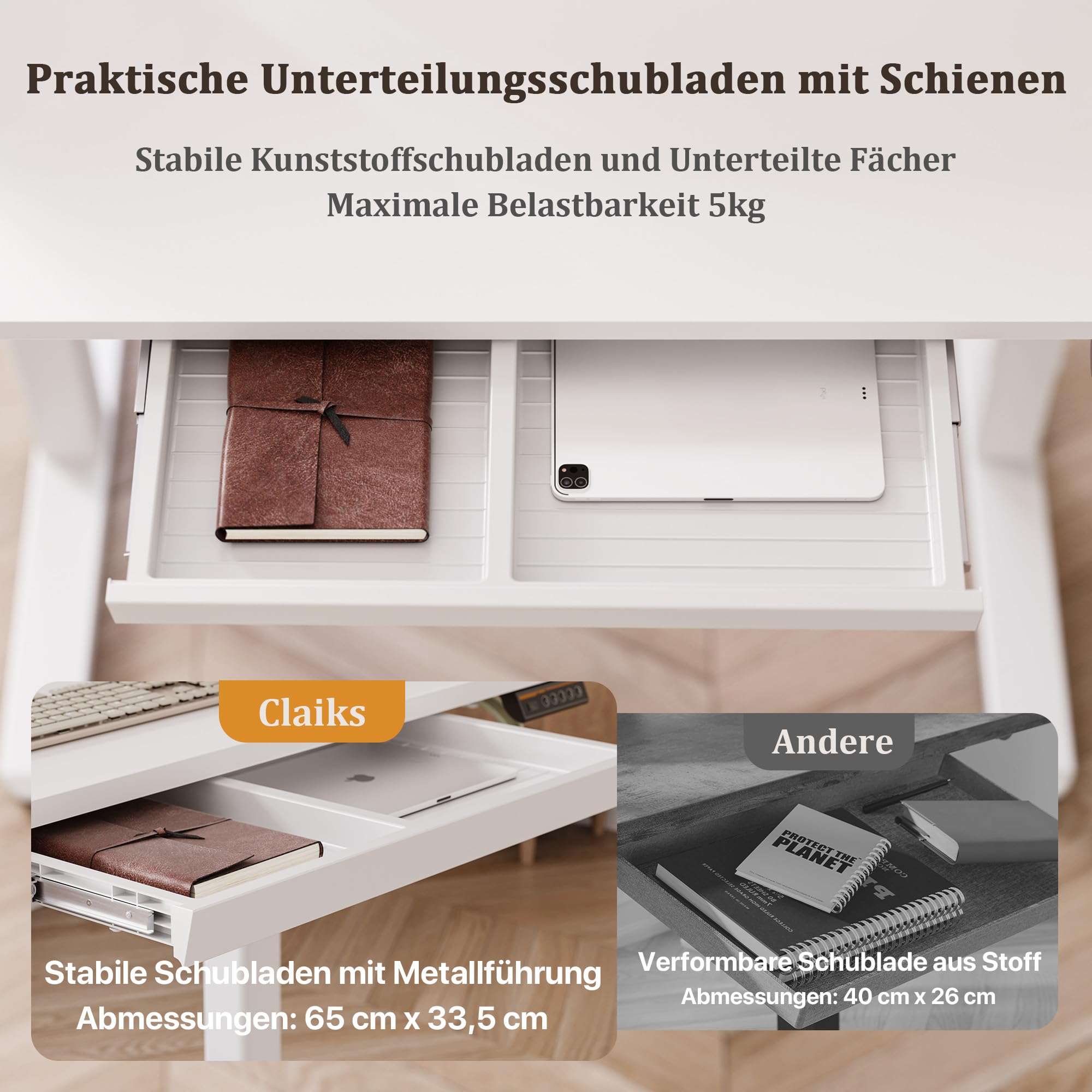 Claiks Höhenverstellbarer Schreibtisch 120x60cm mit Schublade, 80kg Tragkraft Elektrisch Schreibtisch Höhenverstellbar mit 3-Funktions-Memory und 2 Kopfhörerhaken, Standing Desk with Drawer, Weiß