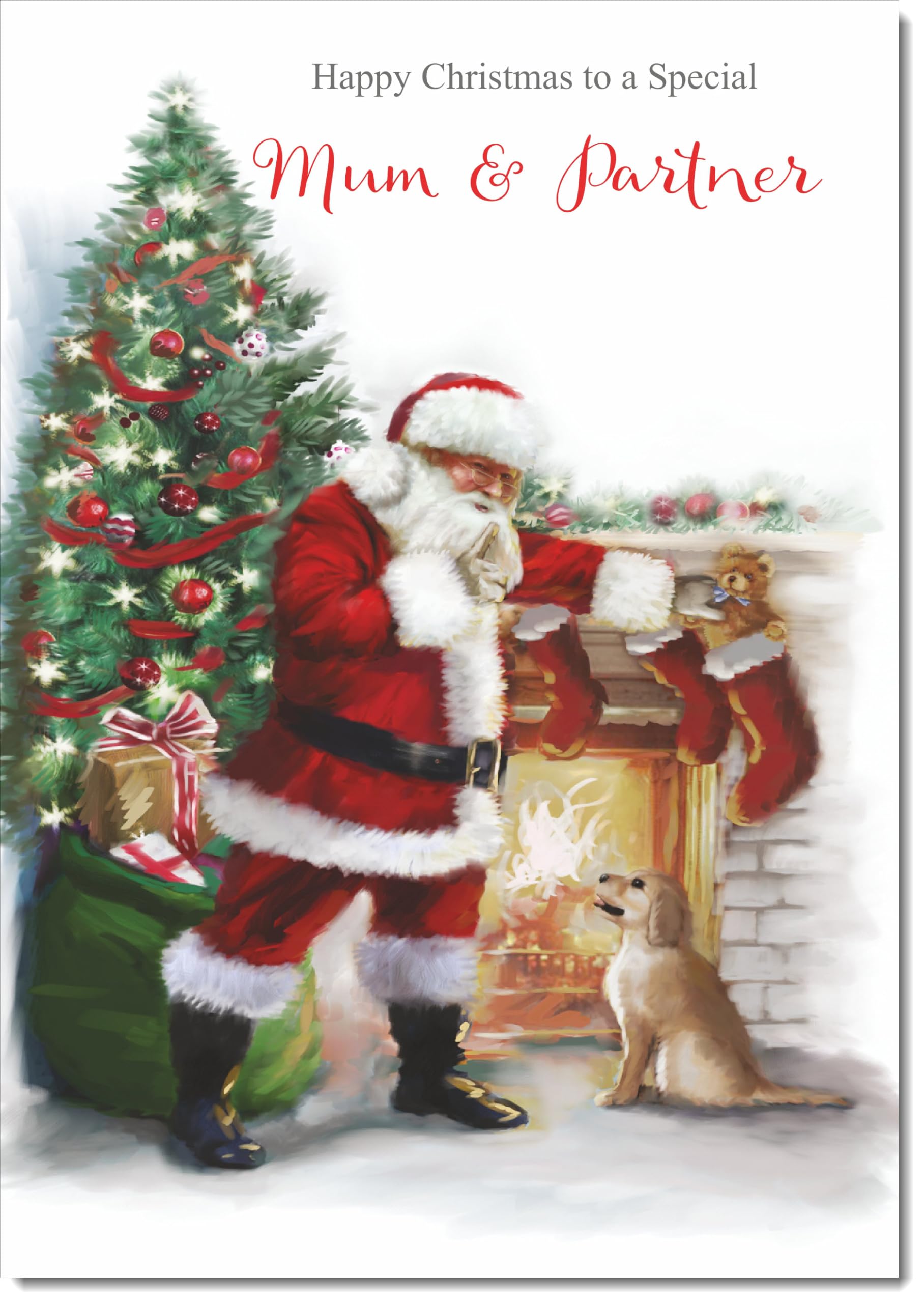 doodlecards Mum and Partner Christmas Card Santa by Christmas Tree Large A4 Size Christmas Card for Mum & Partner with Plain Envelope