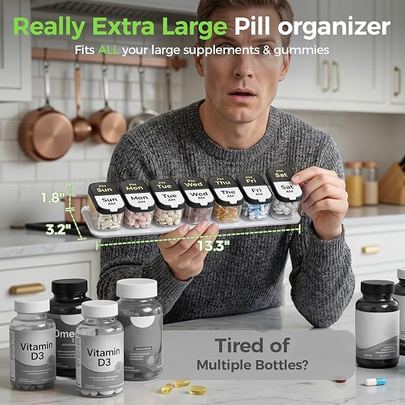 Extra Large Pill Organizer 2 Times a Day Weekly Pill Box 7 Day, AM PM