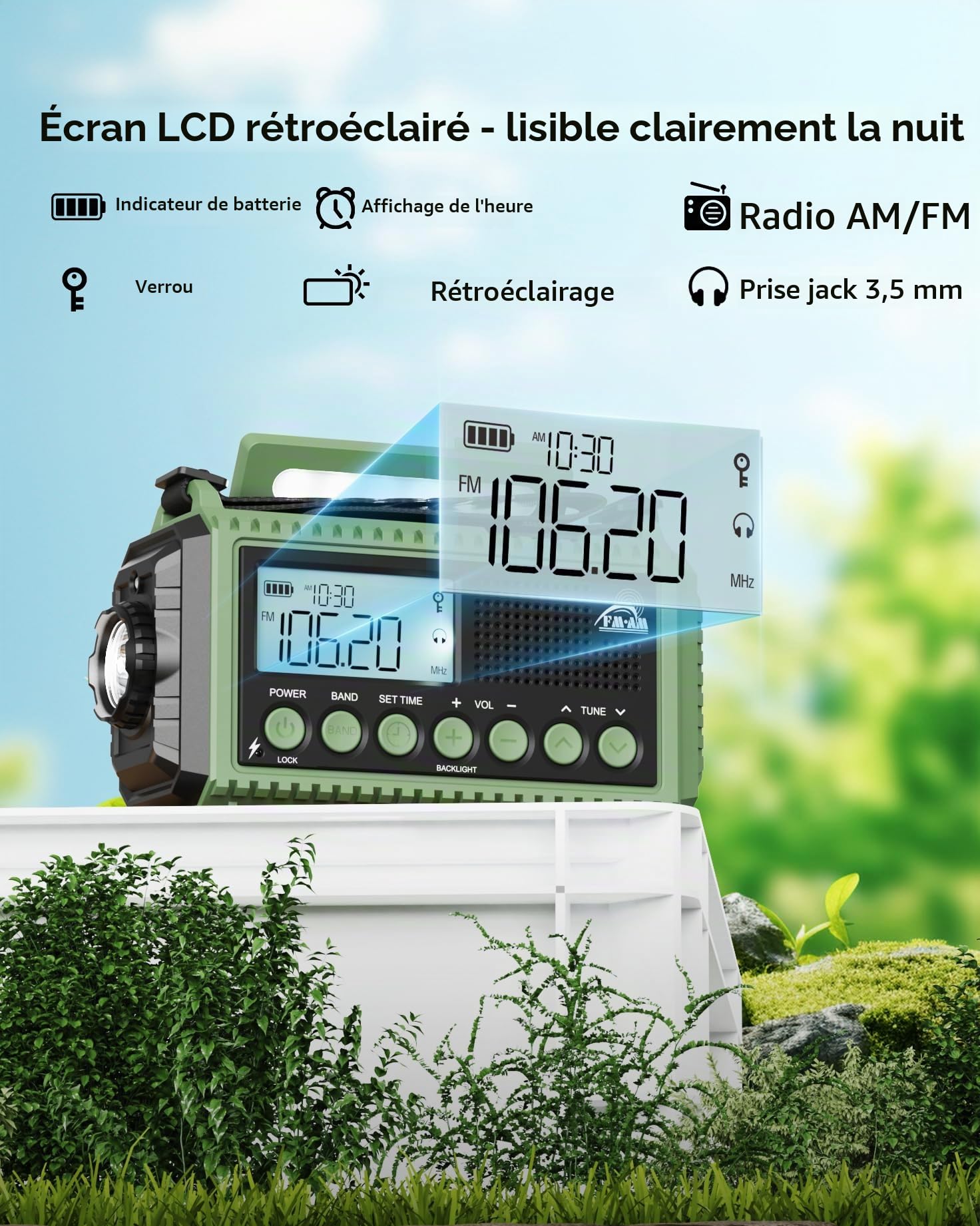 Roxicosly Radio d'urgence à manivelle AM/FM/SW - Radio solaire portable avec batterie de 12000 mAh - Écran LCD - Lampe de poche et lampe de lecture - USB - Alarme SOS, manivelle - Équipement d'urgence