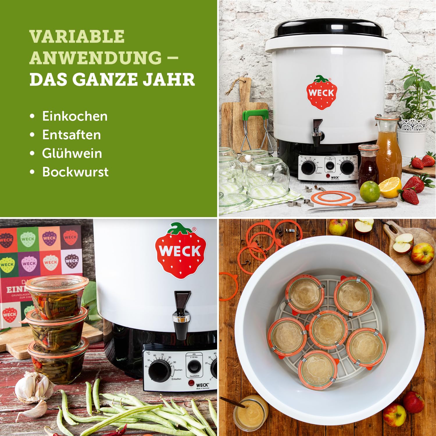 WECK Einkochautomat WAT35-A Kunststoff mit Präzisionsthermostat, Auslaufhahn & Zeitschaltuhr – 29L Einkochtopf, Glühweinkocher, Dampfentsafter, Einweckautomat – Made in Germany