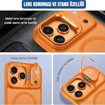 Ehr. iPhone 17 Pro Max ile Uyumlu Magsafe Wireless Şarj Özellikli Kamera Standlı Lüks Mat Silikon Kılıf [Lens Koruyucu Hediyeli] (Turuncu, iPhone 17 Pro Max)