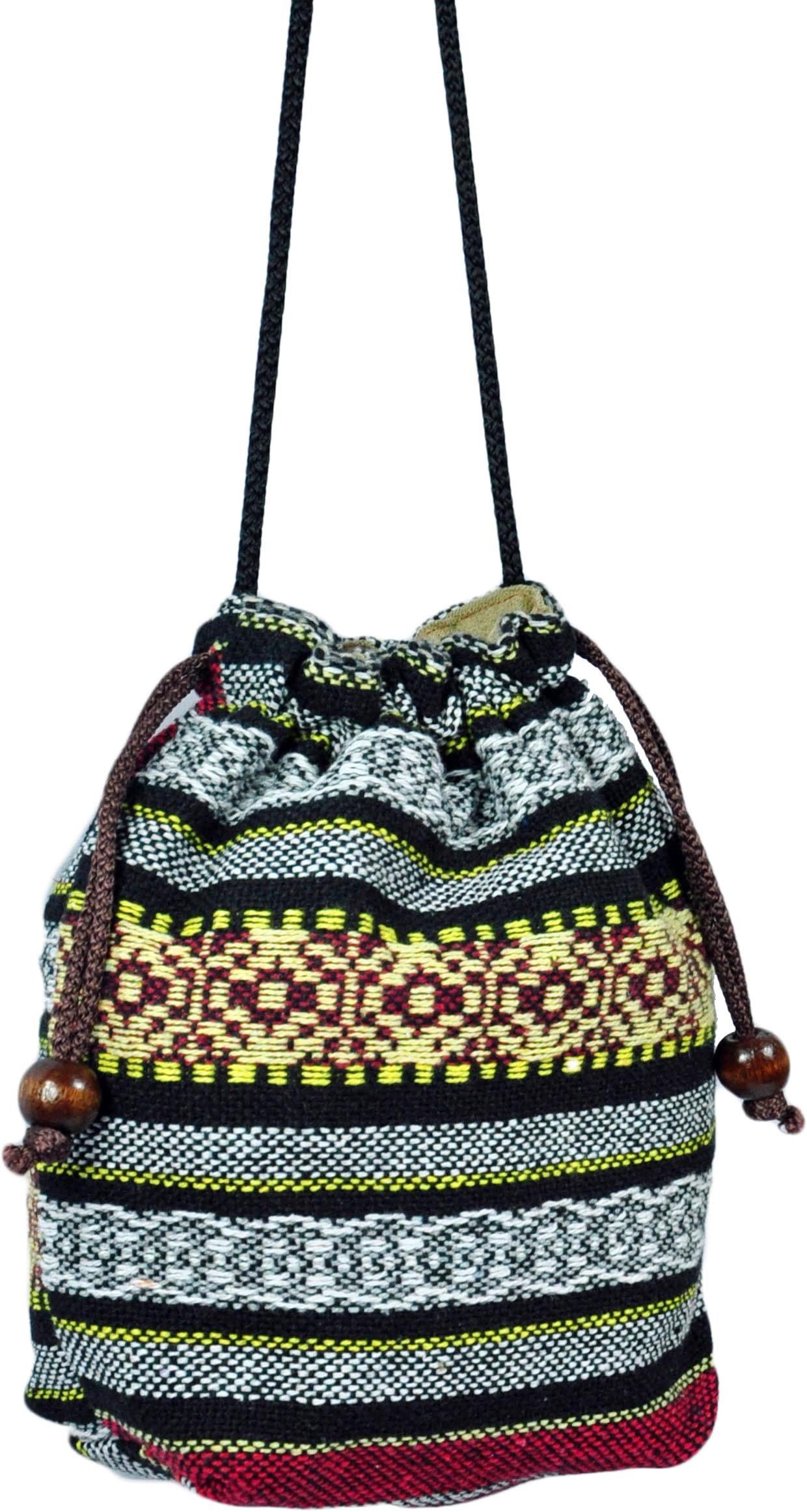 Small Multicolor Asian Thai Style Hippie Boho Hand Made Cotton Fabric Woven Lanna Pattern Sling Shoulder Tote Cross Body Bag From Chiangmai Thailand